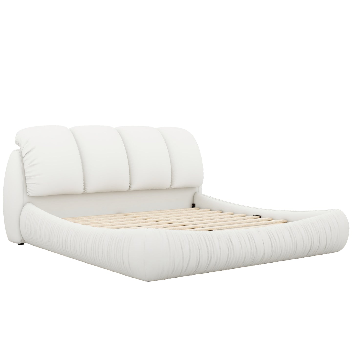 Melysen King Size Luxury Upholstered Bed with Thick Headboard, Leather King Bed with Oversized Padded Backrest, White