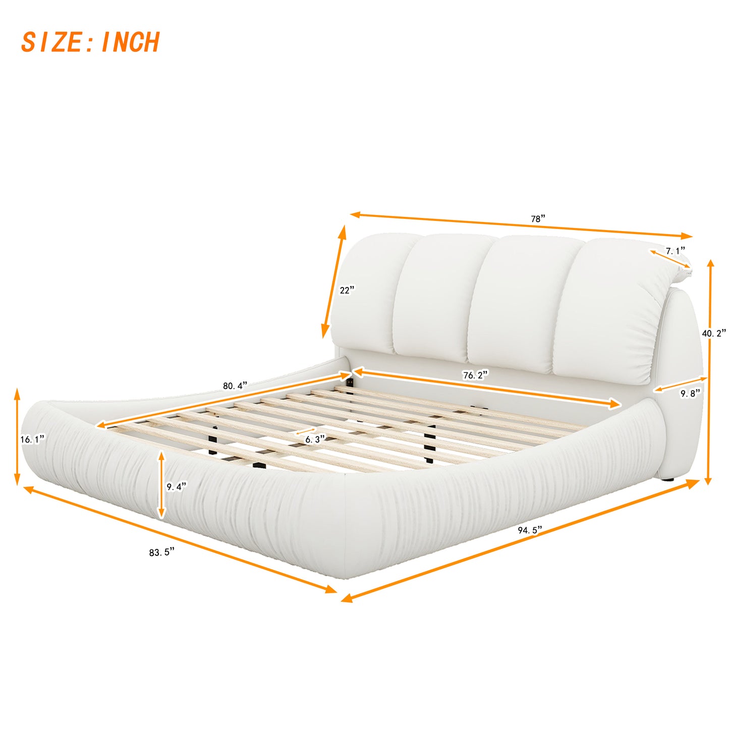 Melysen King Size Luxury Upholstered Bed with Thick Headboard, Leather King Bed with Oversized Padded Backrest, White