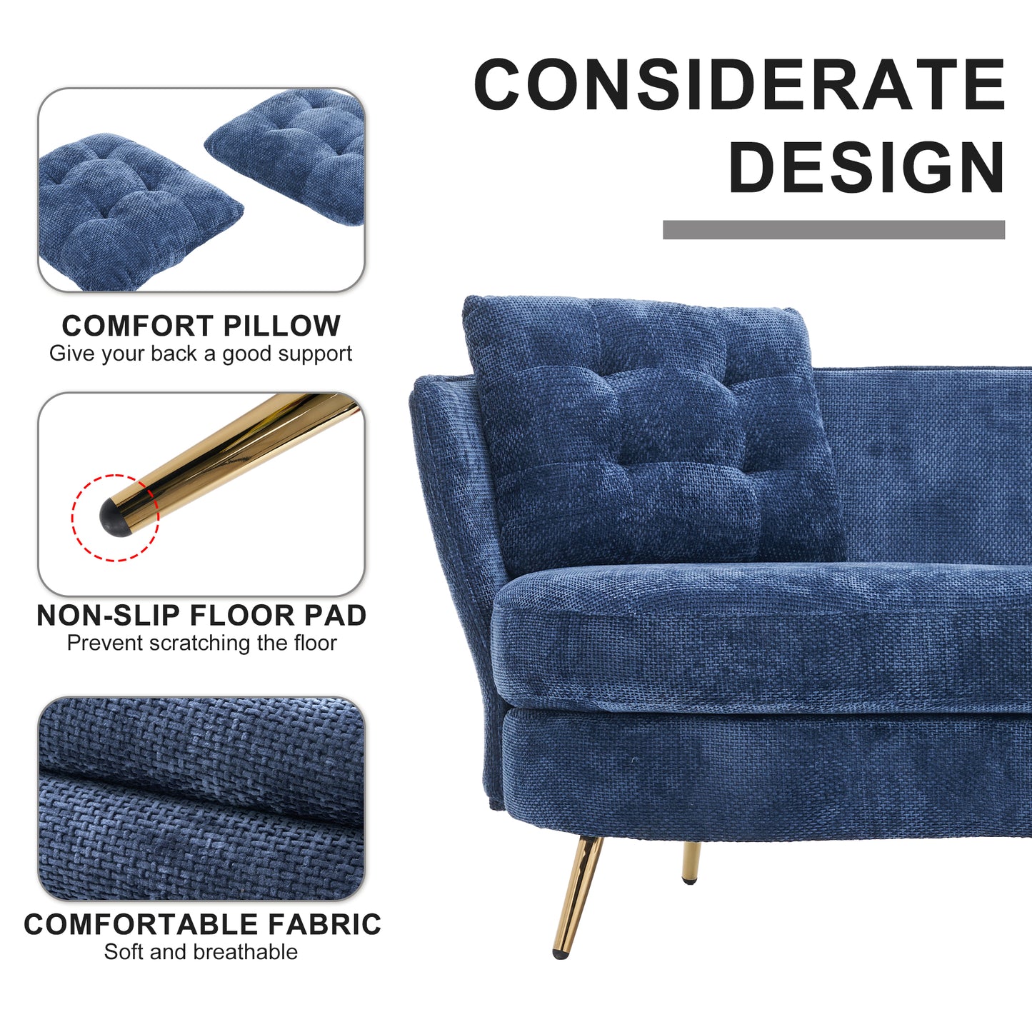 Melysen Polyester fiber Loveseat Sofa Upholstered Couch with Golden Metal Legs Club Two-Seat Sofa for Living Reading Room Bedroom Apartment Small Space Dorm,Blue