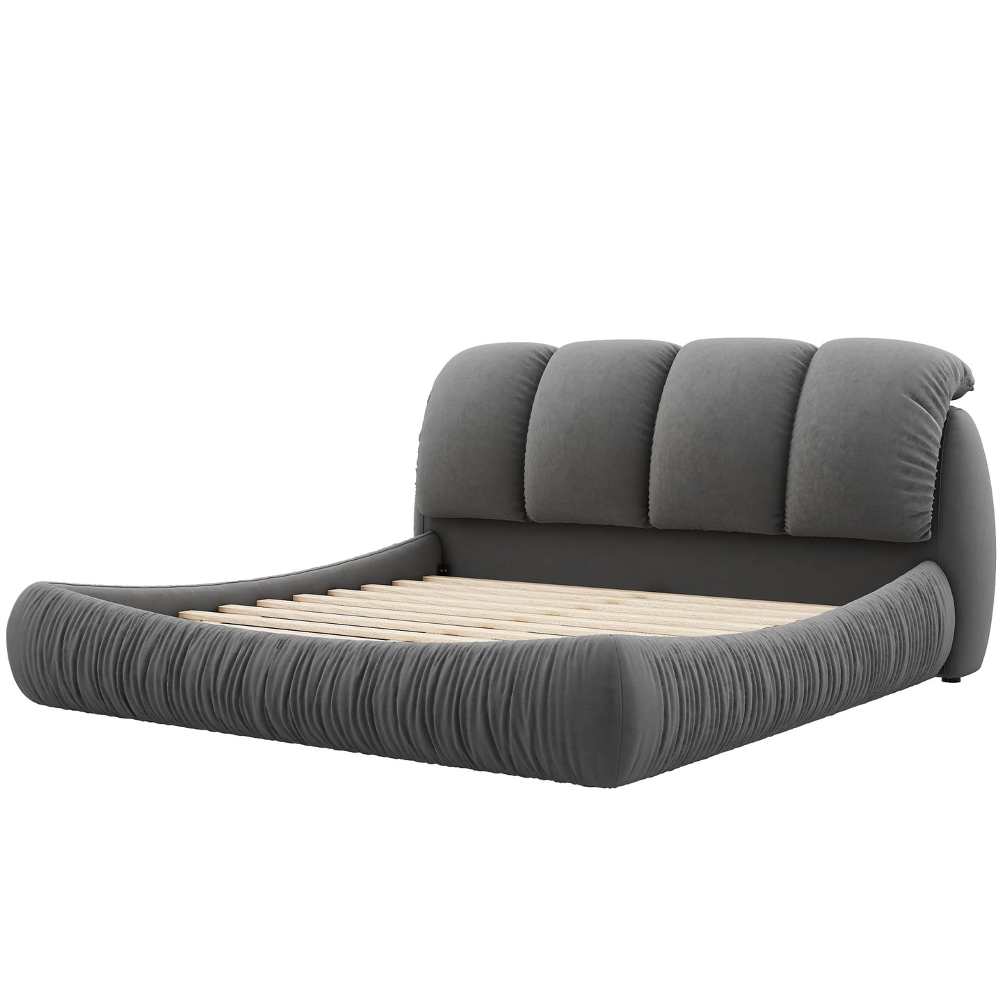 Melysen King Size Luxury Upholstered Bed with Thick Headboard, Velvet King Bed with Oversized Padded Backrest, Gray