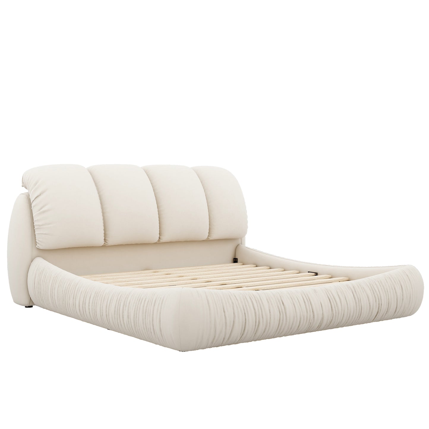 Melysen King Size Luxury Upholstered Bed with Thick Headboard, Velvet King Bed with Oversized Padded Backrest, Beige