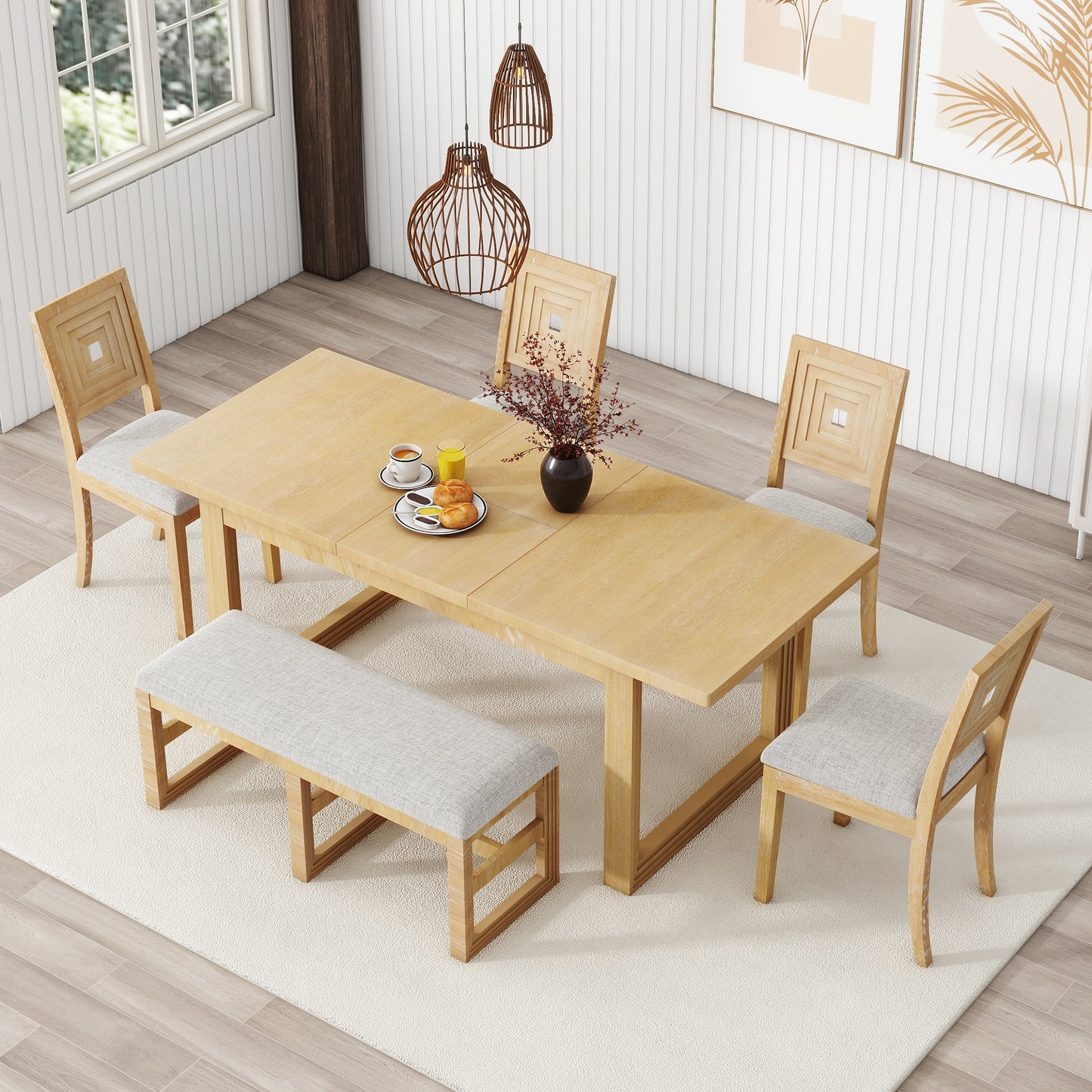 Melysen Modern 78inch 6-Piece Extendable Dining Table Set, 4 Upholstered Dining Chairs and Dining Bench, 18" Butterfly Leaf