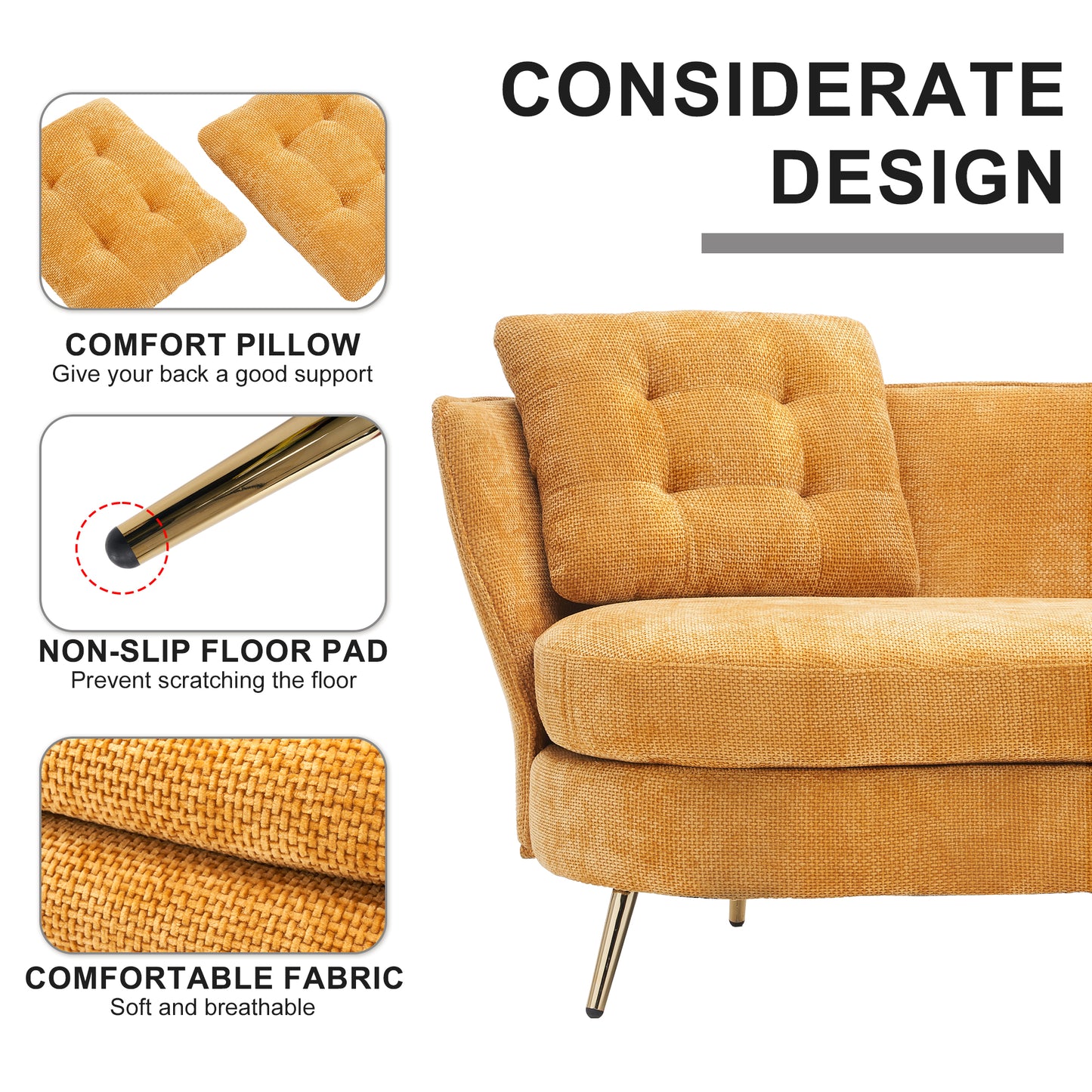 Melysen Polyester fiber Loveseat Sofa Upholstered Couch with Golden Metal Legs Club Two-Seat Sofa for Living Reading Room Bedroom Apartment Small Space Dorm,Yellow.