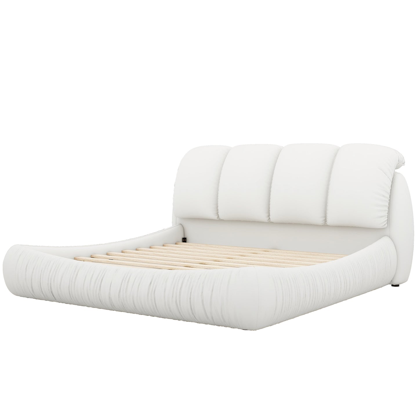 Melysen King Size Luxury Upholstered Bed with Thick Headboard, Leather King Bed with Oversized Padded Backrest, White