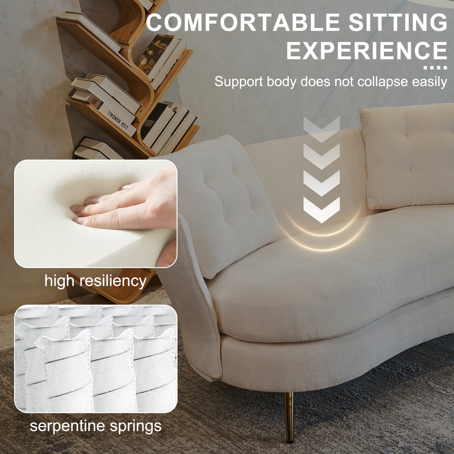 Melysen Polyester fiber Loveseat Sofa Upholstered Couch with Golden Metal Legs Club Two-Seat Sofa for Living Reading Room Bedroom Apartment Small Space Dorm,White.