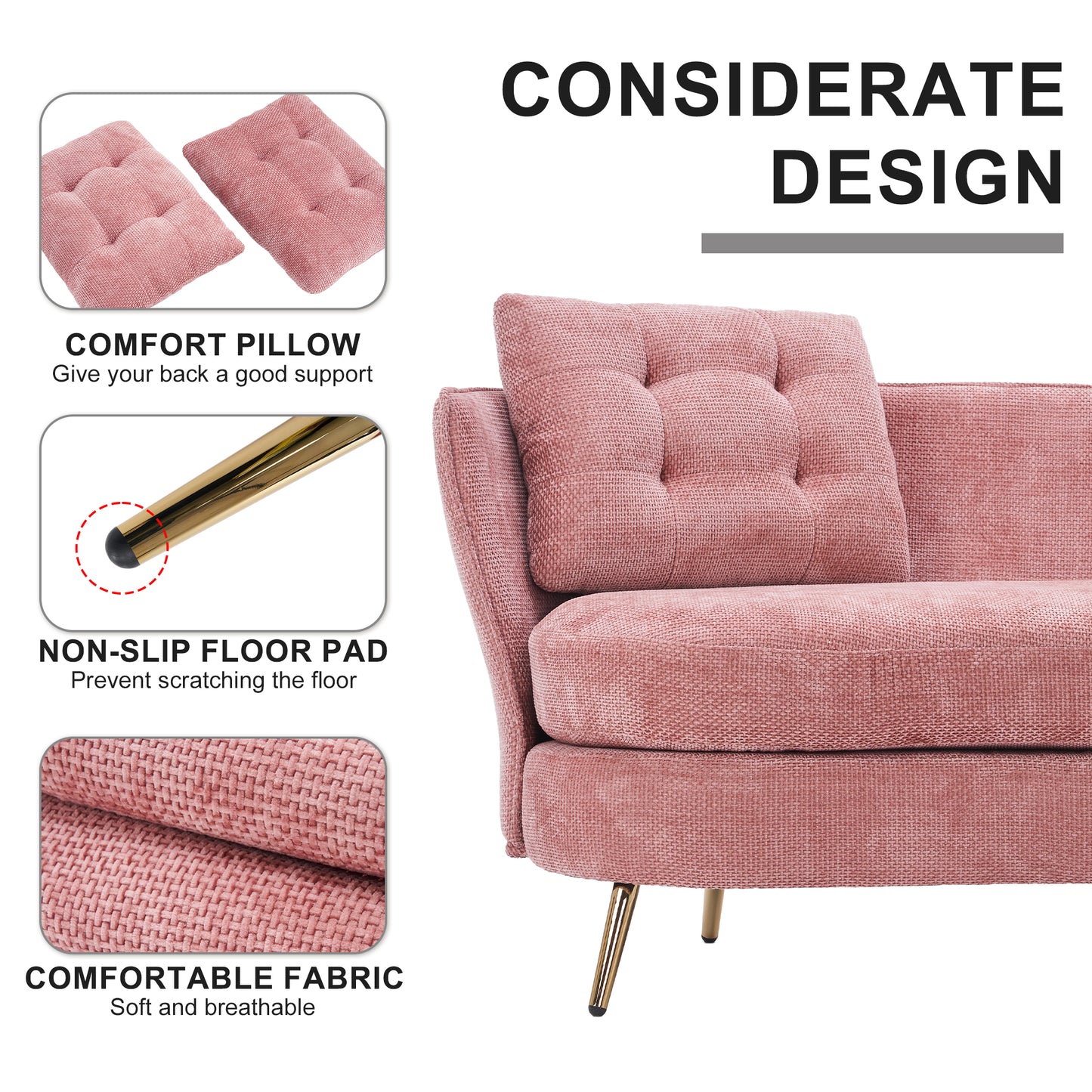 Melysen Polyester fiber Loveseat Sofa Chair Upholstered Couch with Golden Metal Legs Club Two-Seat Sofa for Living Reading Room Bedroom Apartment Small Space Dorm,Pink.