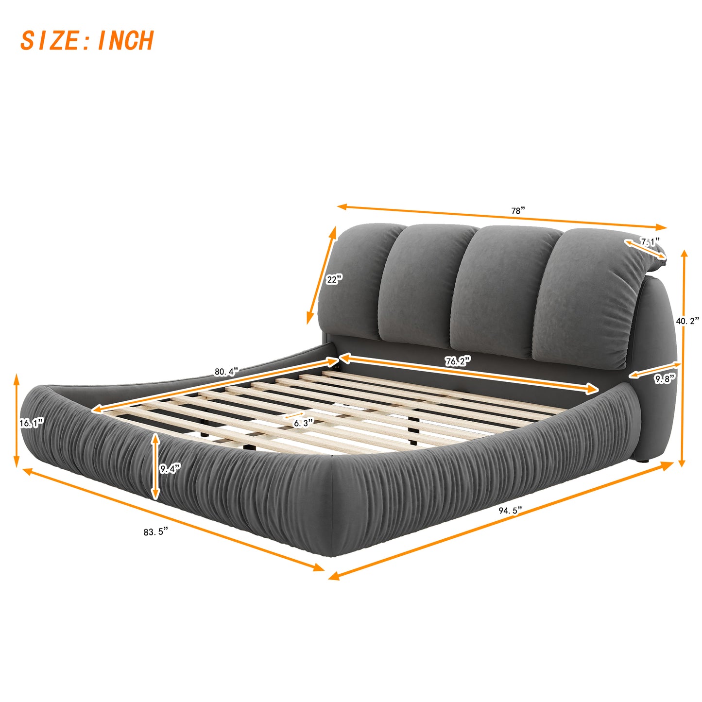 Melysen King Size Luxury Upholstered Bed with Thick Headboard, Velvet King Bed with Oversized Padded Backrest, Gray