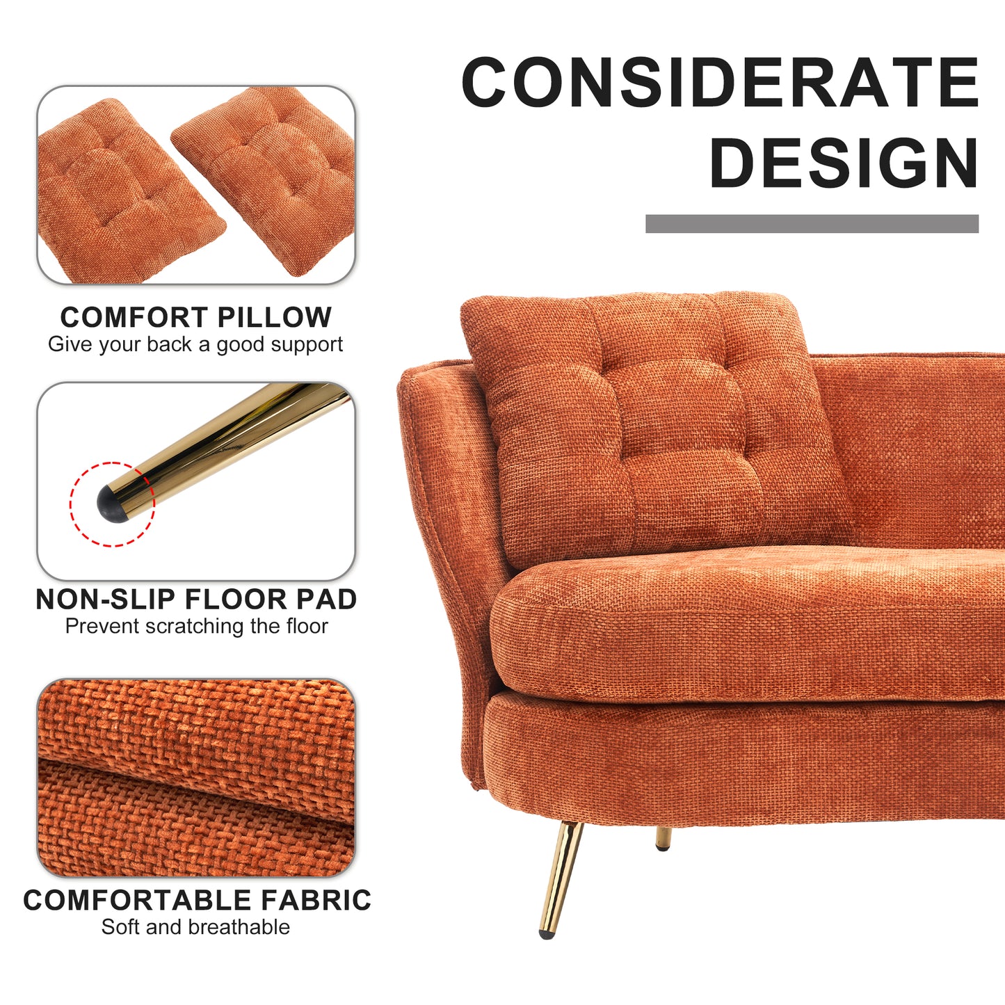 Melysen Polyester fiber Loveseat Sofa Chair Upholstered Couch with Golden Metal Legs Club Two-Seat Sofa for Living Reading Room Bedroom Apartment Small Space Dorm,Orange.