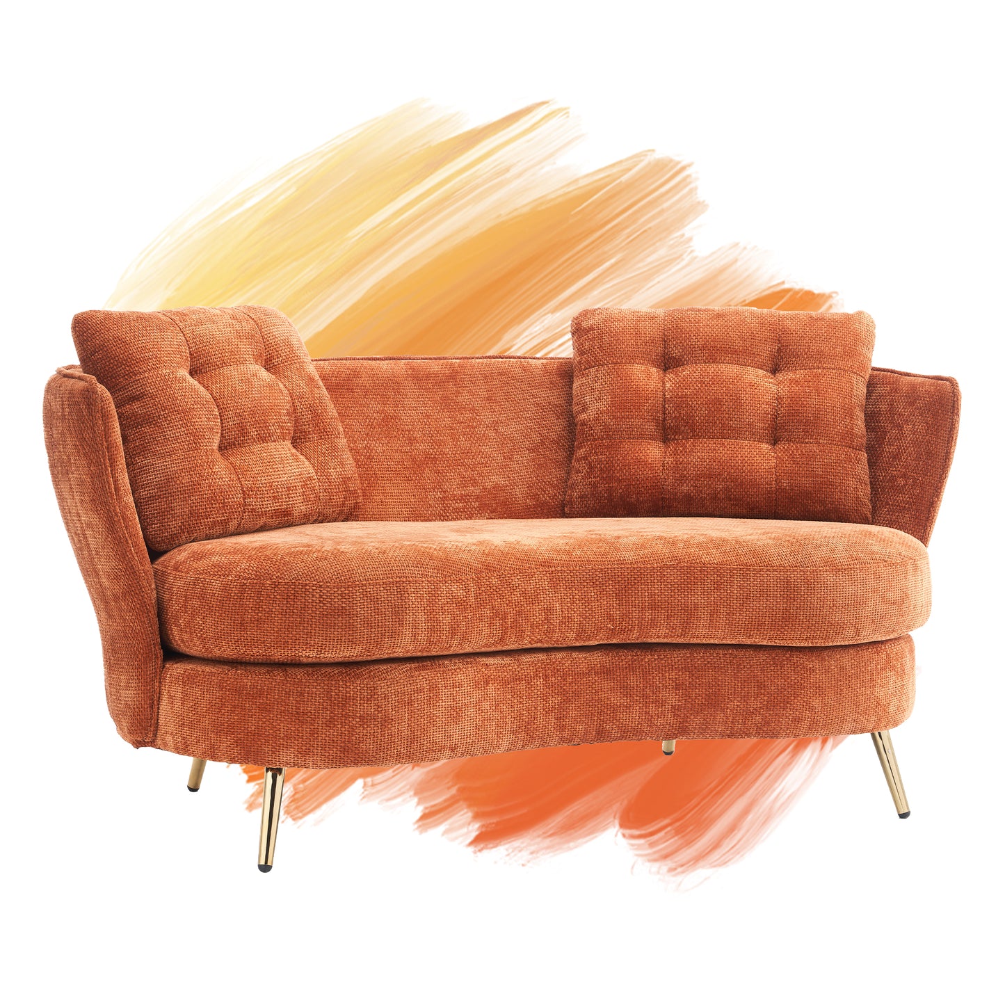 Melysen Polyester fiber Loveseat Sofa Chair Upholstered Couch with Golden Metal Legs Club Two-Seat Sofa for Living Reading Room Bedroom Apartment Small Space Dorm,Orange.