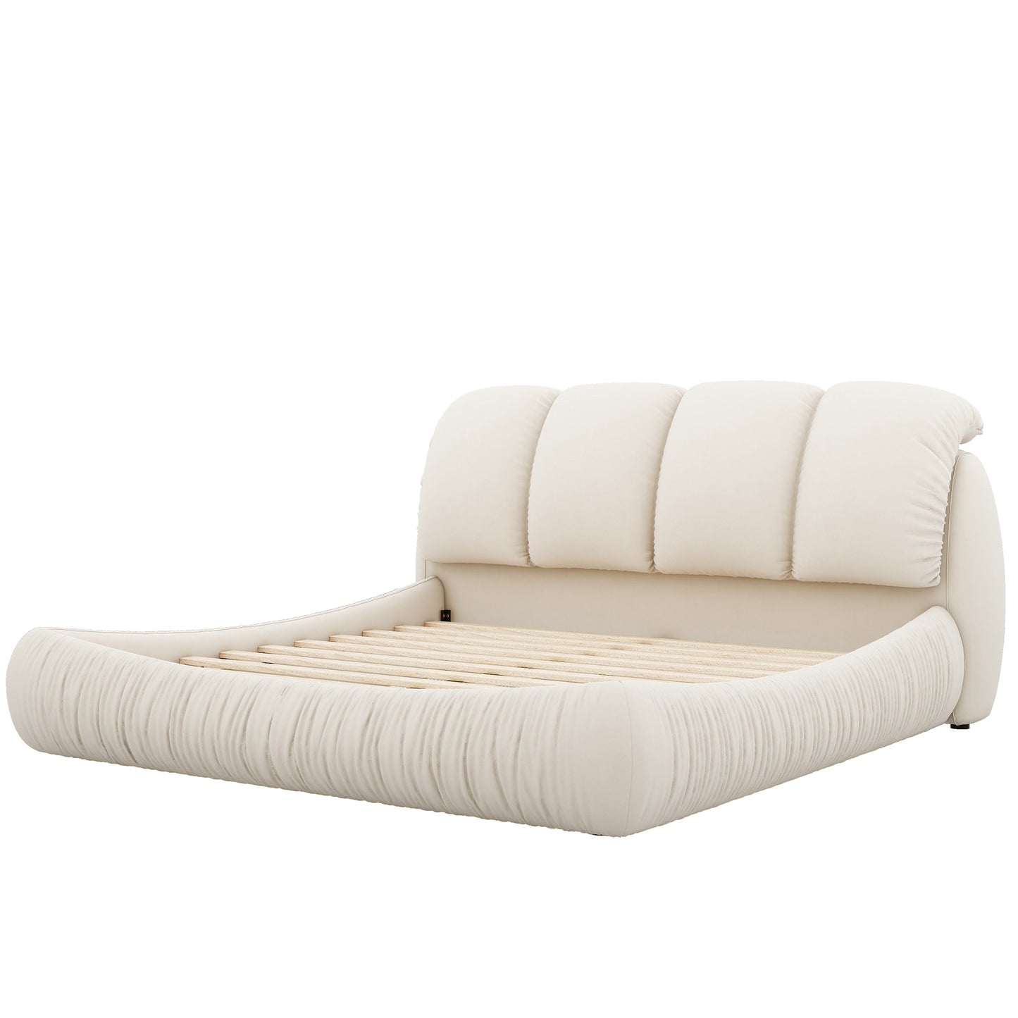 Melysen King Size Luxury Upholstered Bed with Thick Headboard, Velvet King Bed with Oversized Padded Backrest, Beige