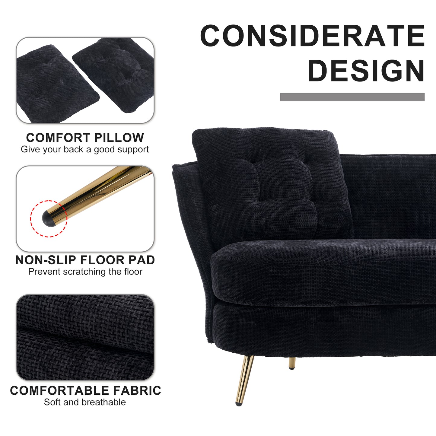 Melysen Polyester fiber Loveseat Sofa Chair Upholstered Couch with Golden Metal Legs Club Two-Seat Sofa for Living Reading Room Bedroom Apartment Small Space Dorm,Black.