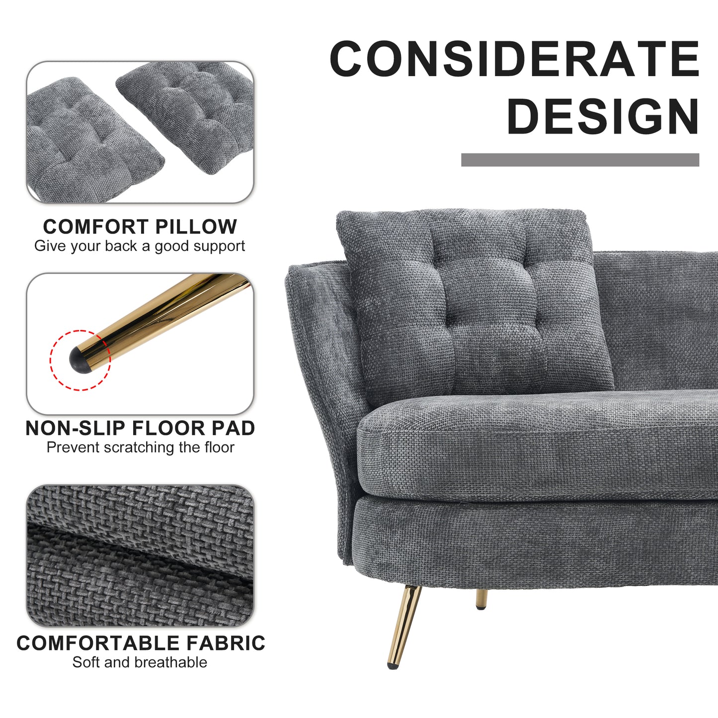 Melysen Polyester fiber Loveseat Sofa Chair Upholstered Couch with Golden Metal Legs Club Two-Seat Sofa for Living Reading Room Bedroom Apartment Small Space Dorm,Grey.