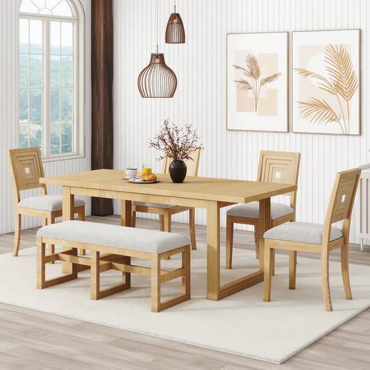 Melysen Modern 78inch 6-Piece Extendable Dining Table Set, 4 Upholstered Dining Chairs and Dining Bench, 18" Butterfly Leaf