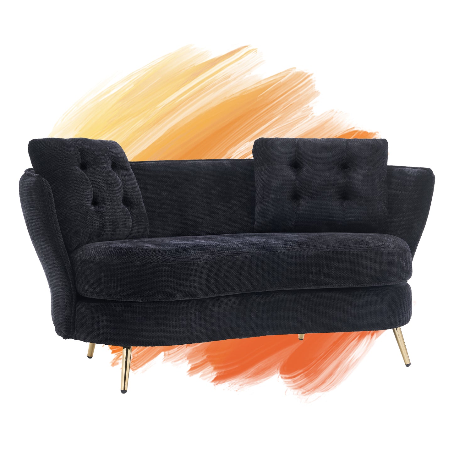 Melysen Polyester fiber Loveseat Sofa Chair Upholstered Couch with Golden Metal Legs Club Two-Seat Sofa for Living Reading Room Bedroom Apartment Small Space Dorm,Black.