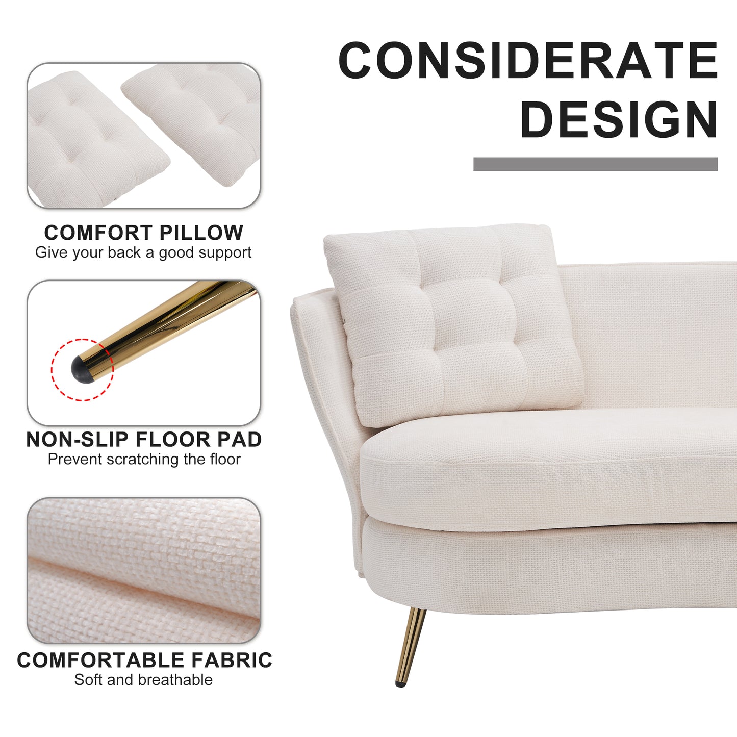 Melysen Polyester fiber Loveseat Sofa Upholstered Couch with Golden Metal Legs Club Two-Seat Sofa for Living Reading Room Bedroom Apartment Small Space Dorm,White.