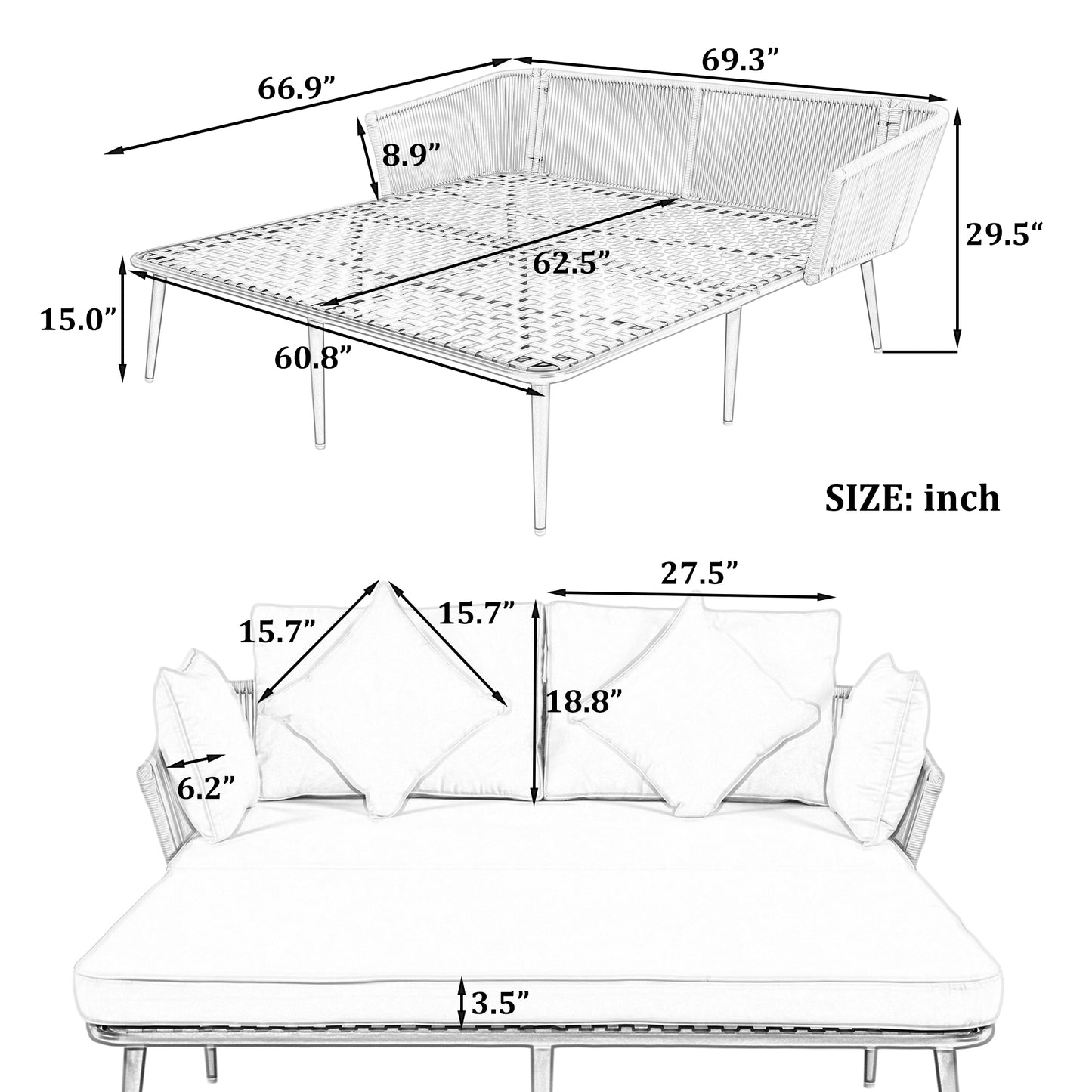 Melysen Outdoor Patio Daybed, Woven Nylon Rope Backrest with Washable Cushions for Balcony, Poolside, Set for 2 Person