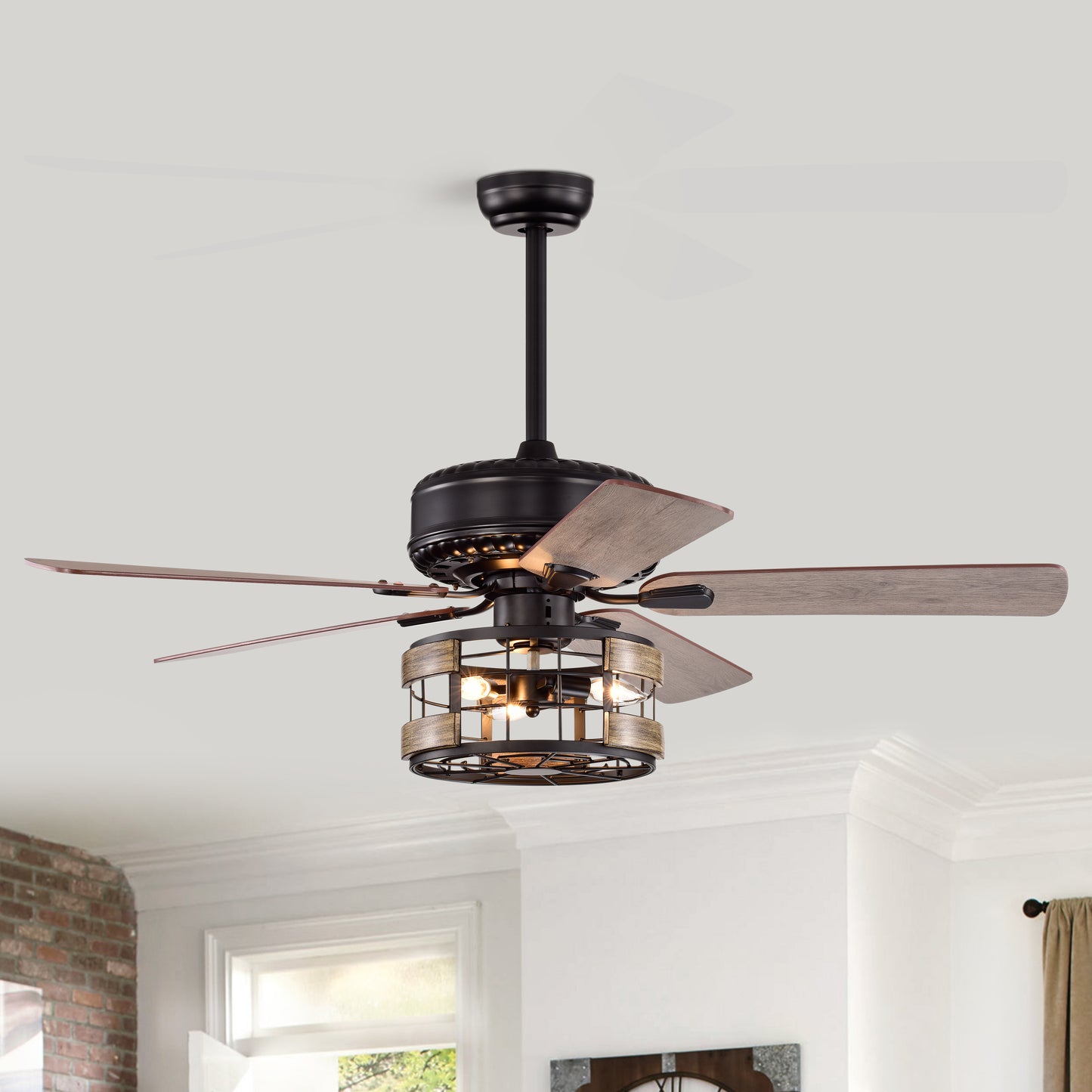 Melysen Farmhouse Industrial 52-inch Ceiling Fan (Optional Remote&2 Color Option Blades) or Bedroom, Living Room, Dining Room-Matte Black+Wood Gain