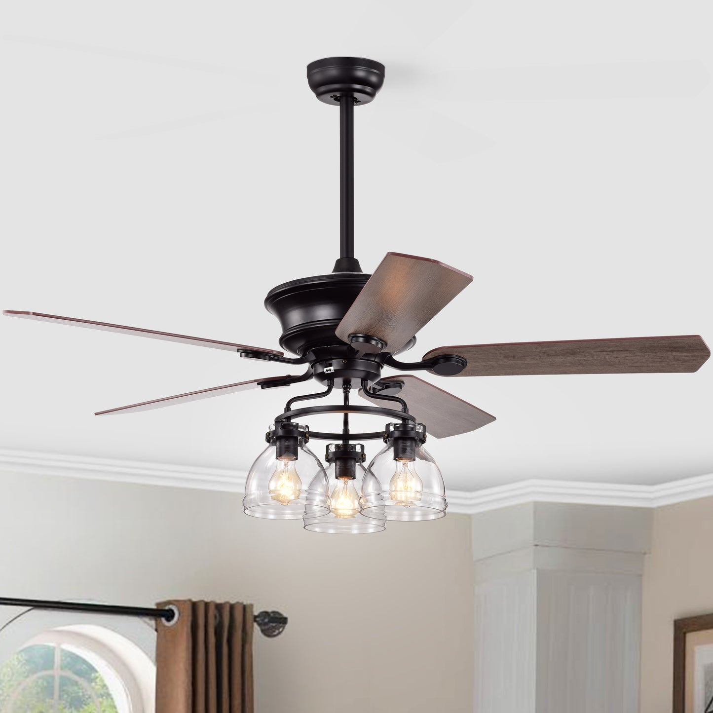 Melysen 52-in Farmhouse Glass Shade 5-Blade Reversible Ceiling Fan with Light Kit and Remote - 52 Inches For Bedroom ,Living Room-Matte Black