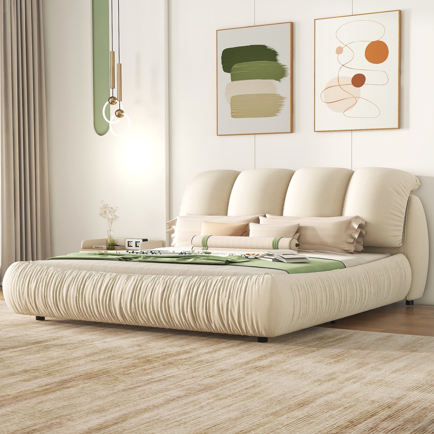 Melysen King Size Luxury Upholstered Bed with Thick Headboard, Velvet King Bed with Oversized Padded Backrest, Beige