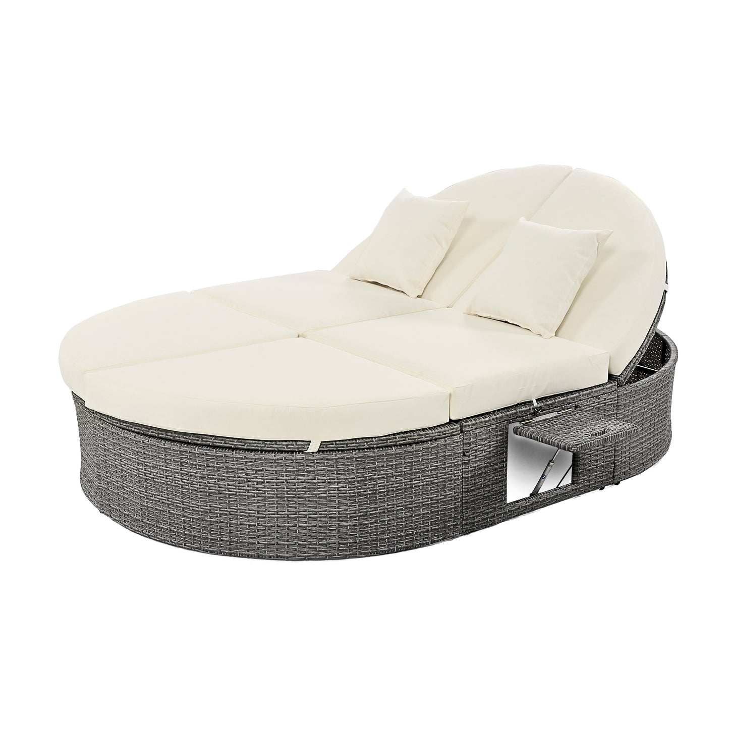 Melysen Outdoor Sun Bed Patio 2-Person Daybed with Cushions and Pillows, Rattan Garden Reclining Chaise Lounge with Adjustable Backrests and Foldable Cup Trays for Lawn,Poolside