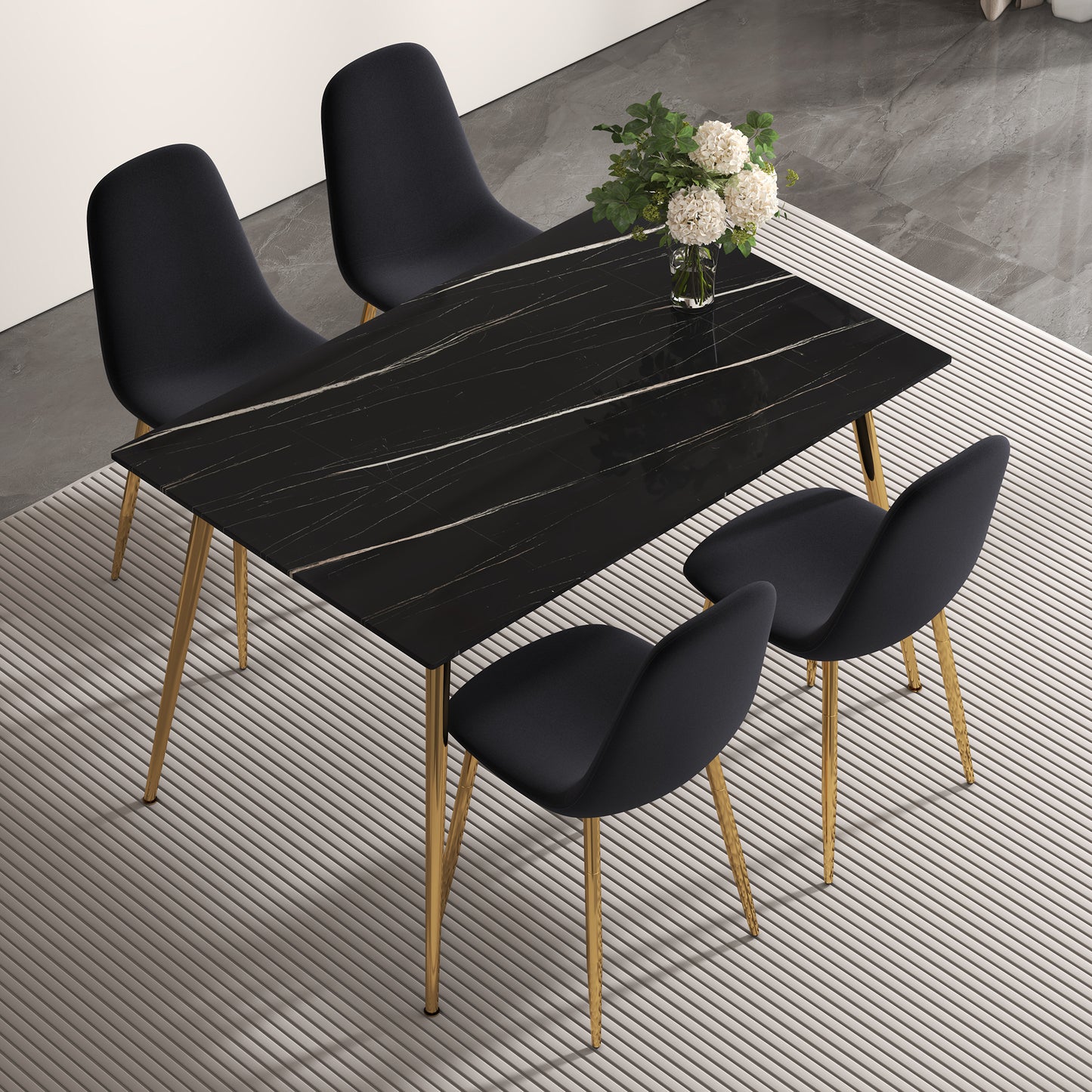 Melysen A Set of 4 Dining Chairs and A Dining Table, Featuring Modern Medieval Style Restaurant Cushioned Side Chairs, Equipped with Soft Velvet Fabric Cushions and Spoon Shaped Golden Metal Legs.012