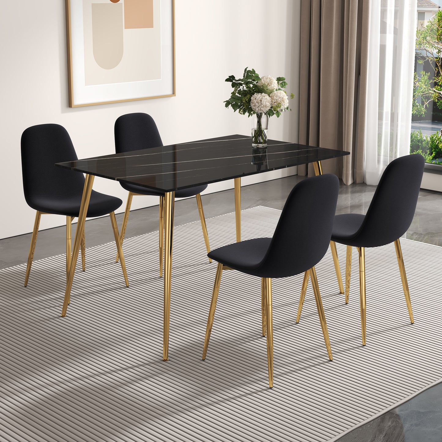 Melysen A Set of 4 Dining Chairs and A Dining Table, Featuring Modern Medieval Style Restaurant Cushioned Side Chairs, Equipped with Soft Velvet Fabric Cushions and Spoon Shaped Golden Metal Legs.012