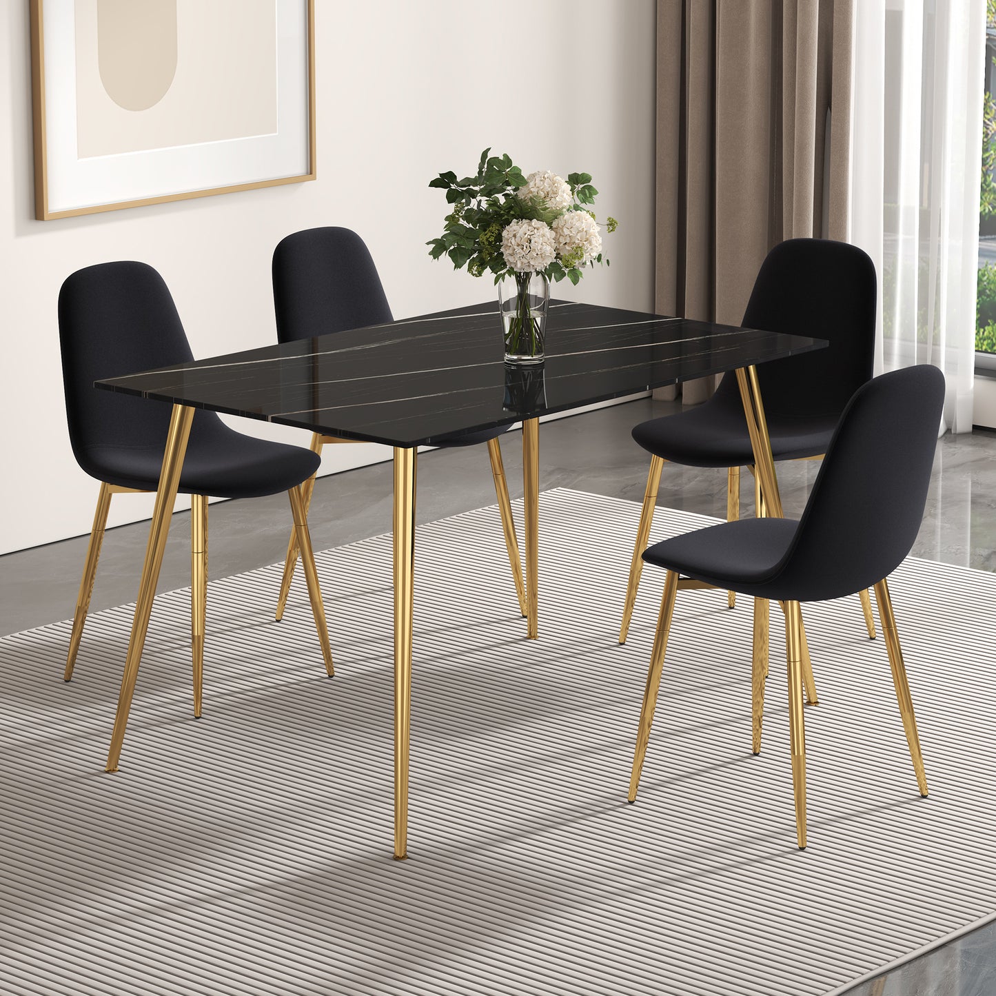 Melysen A Set of 4 Dining Chairs and A Dining Table, Featuring Modern Medieval Style Restaurant Cushioned Side Chairs, Equipped with Soft Velvet Fabric Cushions and Spoon Shaped Golden Metal Legs.012