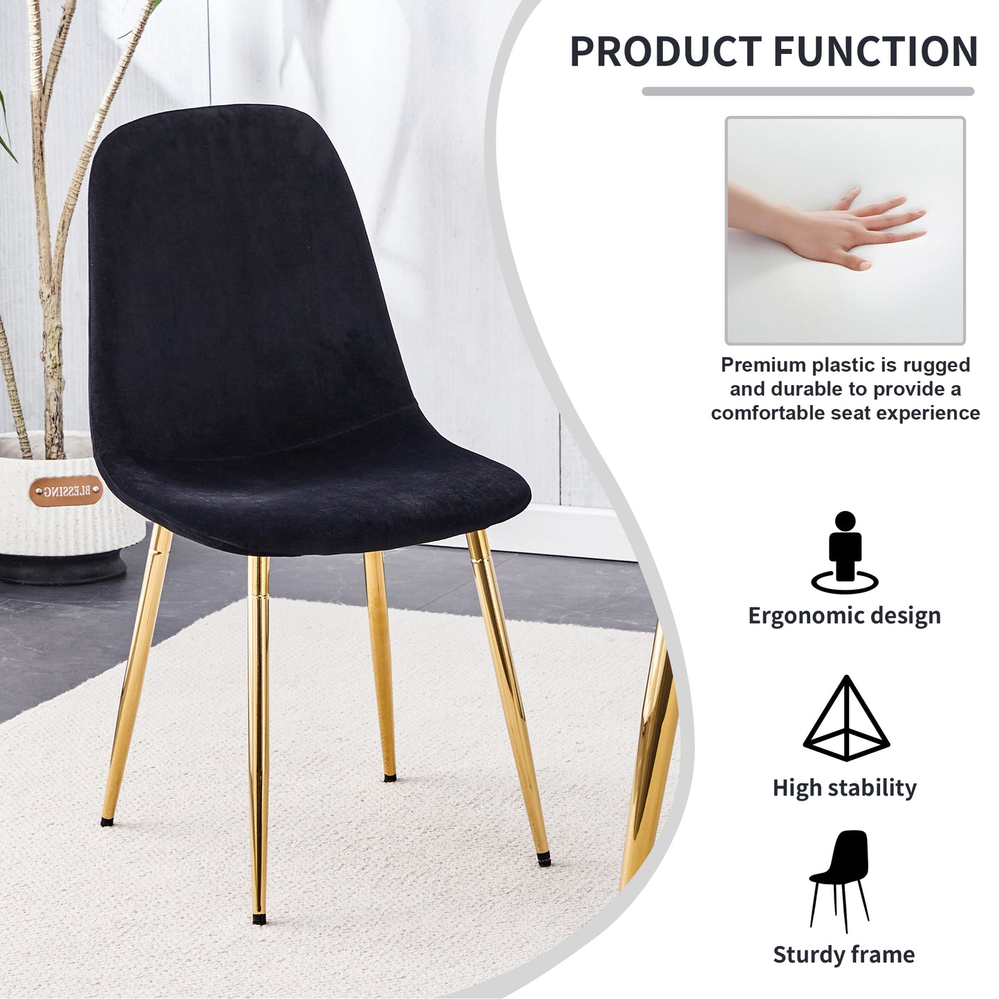 Melysen A Set of 4 Dining Chairs and A Dining Table, Featuring Modern Medieval Style Restaurant Cushioned Side Chairs, Equipped with Soft Velvet Fabric Cushions and Spoon Shaped Golden Metal Legs.012