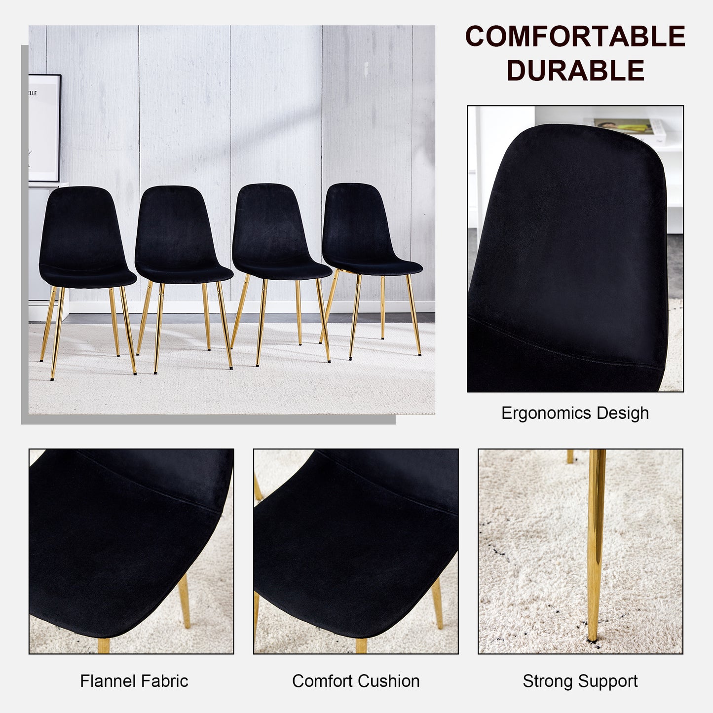 Melysen A Set of 4 Dining Chairs and A Dining Table, Featuring Modern Medieval Style Restaurant Cushioned Side Chairs, Equipped with Soft Velvet Fabric Cushions and Spoon Shaped Golden Metal Legs.012