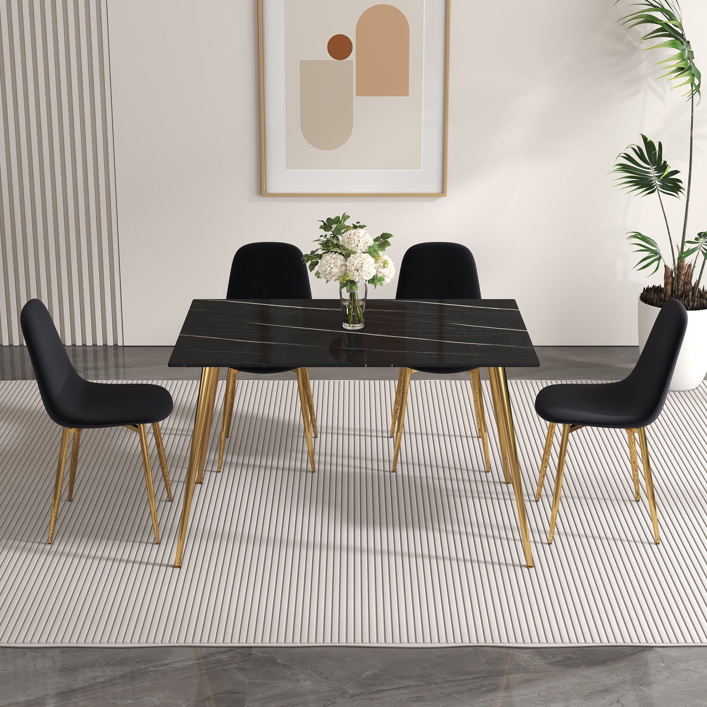 Melysen A Set of 4 Dining Chairs and A Dining Table, Featuring Modern Medieval Style Restaurant Cushioned Side Chairs, Equipped with Soft Velvet Fabric Cushions and Spoon Shaped Golden Metal Legs.012