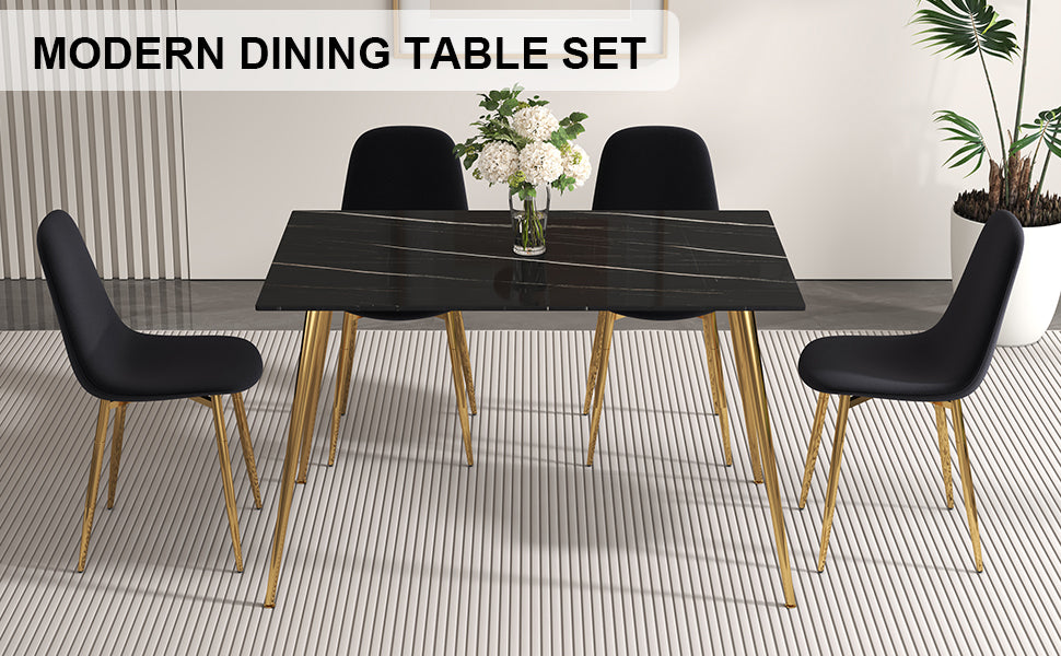 Melysen A Set of 4 Dining Chairs and A Dining Table, Featuring Modern Medieval Style Restaurant Cushioned Side Chairs, Equipped with Soft Velvet Fabric Cushions and Spoon Shaped Golden Metal Legs.012