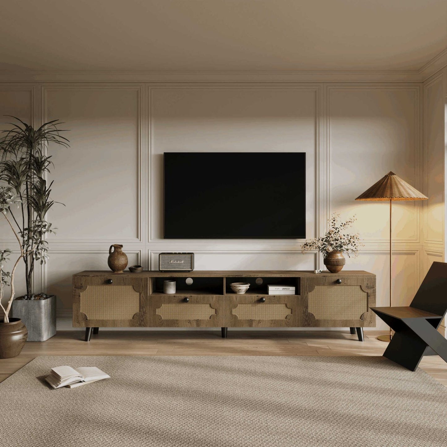 Melysen TV station, TV room, entertainment center, can accommodate 65 inch TV, UV open drawers, solid wood legs, can be placed in living room, bedroom, TV cabinet rattan weaving, color: brown