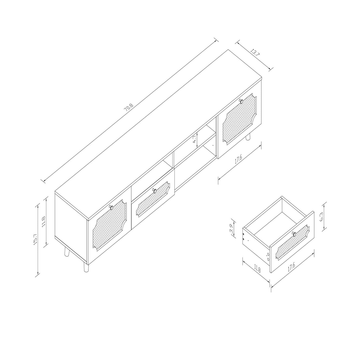 Melysen TV station, TV room, entertainment center, can accommodate 65 inch TV, UV open drawers, solid wood legs, can be placed in living room, bedroom, TV cabinet rattan weaving, color: brown