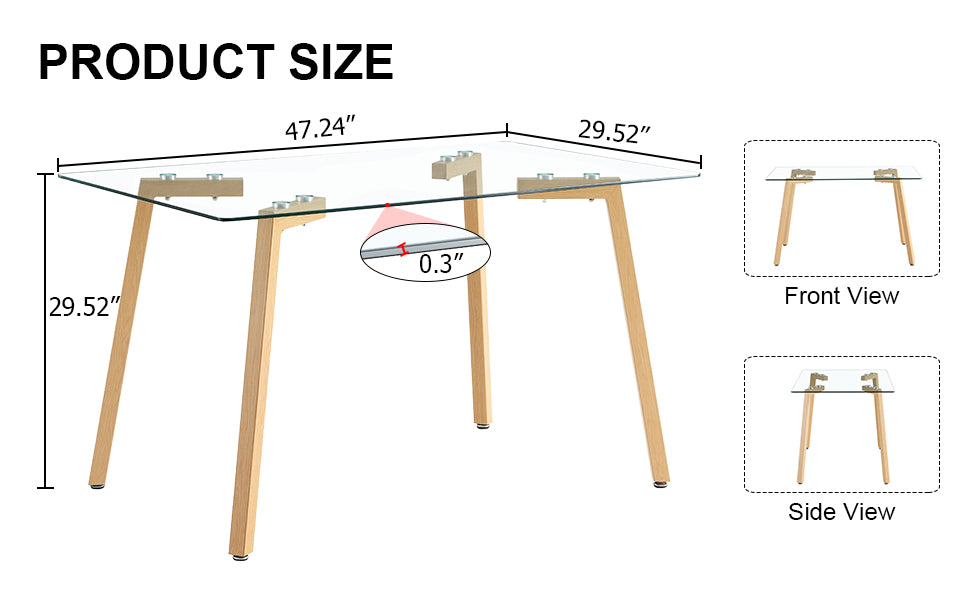 Melysen Glass Dining Table Modern Minimalist Rectangle, 4-6, 0.31"Tempered Glass Tabletop with Wooden Coated Metal Legs, Writing Desk, Suitable For Kitchens, Restaurants, and Living Rooms, 47" W X 31"D X 30"