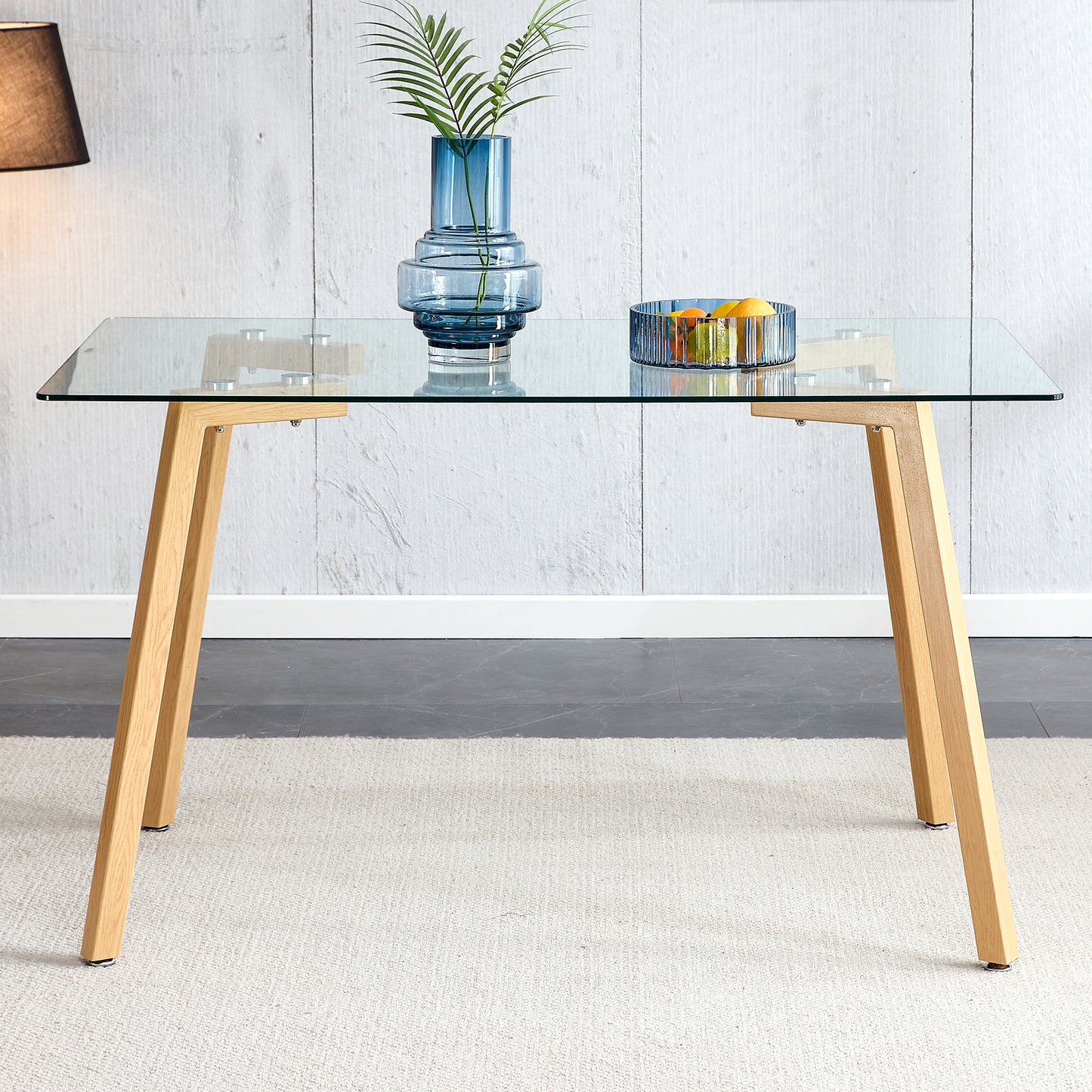 Melysen Glass Dining Table Modern Minimalist Rectangle, 4-6, 0.31"Tempered Glass Tabletop with Wooden Coated Metal Legs, Writing Desk, Suitable For Kitchens, Restaurants, and Living Rooms, 47" W X 31"D X 30"