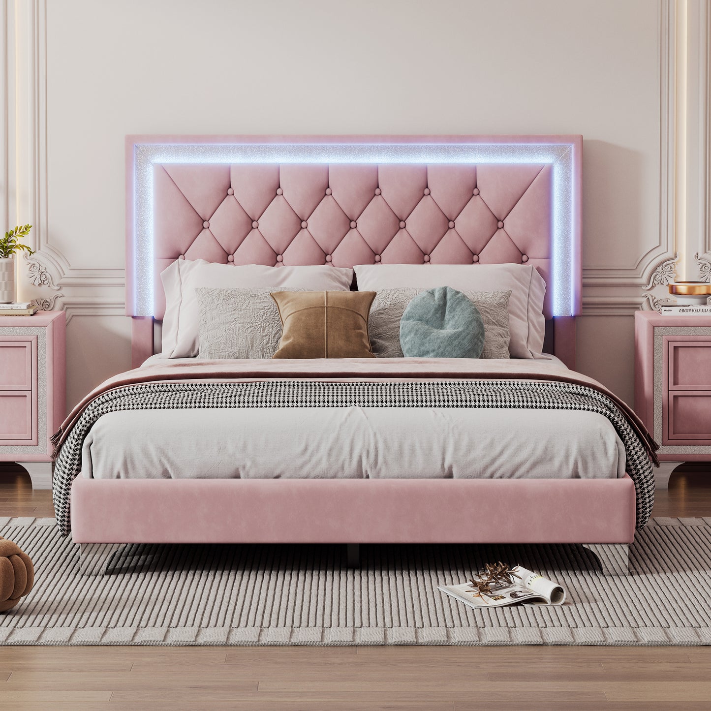 Melysen Full Size Upholstered Bed Frame with LED Lights,Modern Velvet Platform Bed with Tufted Headboard