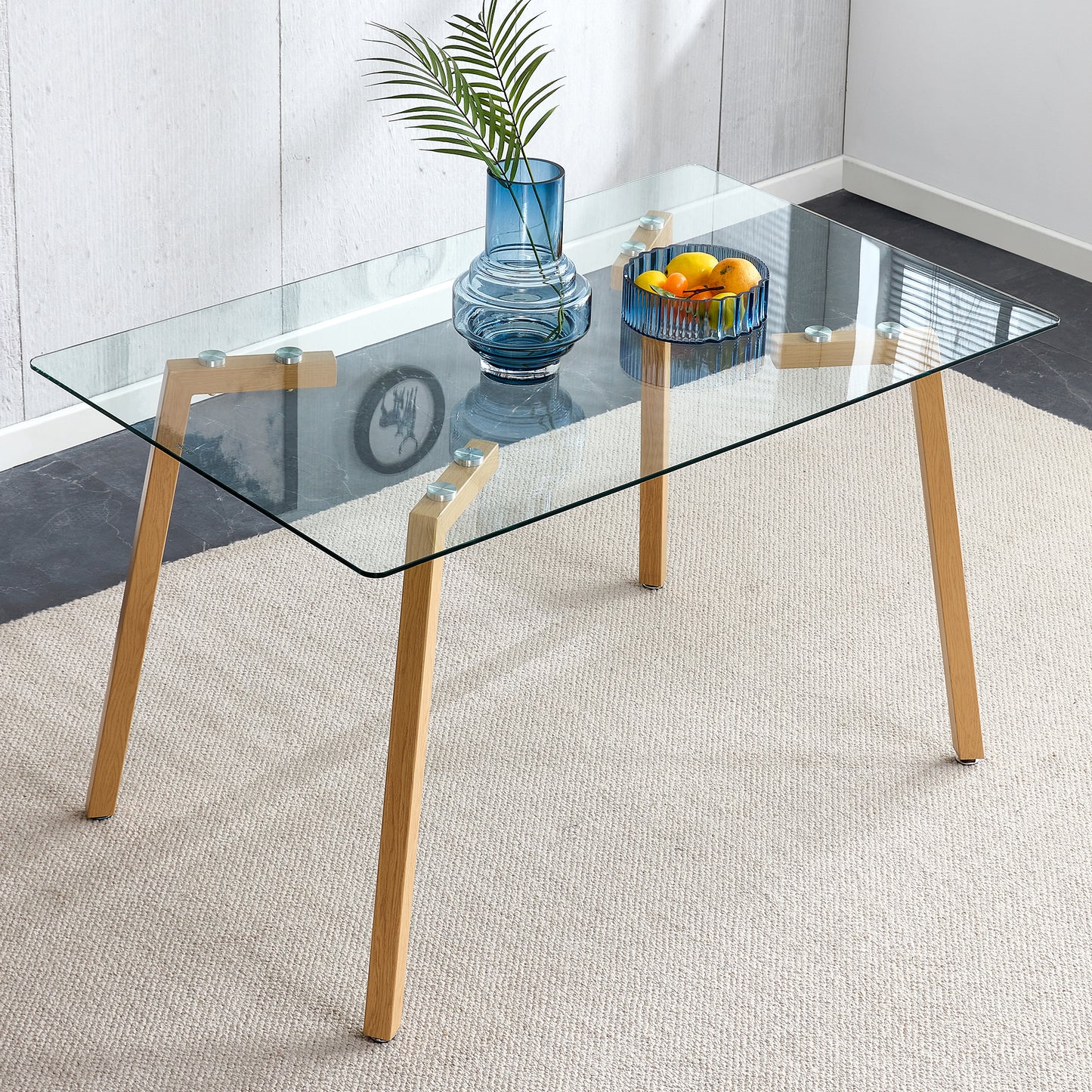 Melysen Glass Dining Table Modern Minimalist Rectangle, 4-6, 0.31"Tempered Glass Tabletop with Wooden Coated Metal Legs, Writing Desk, Suitable For Kitchens, Restaurants, and Living Rooms, 47" W X 31"D X 30"