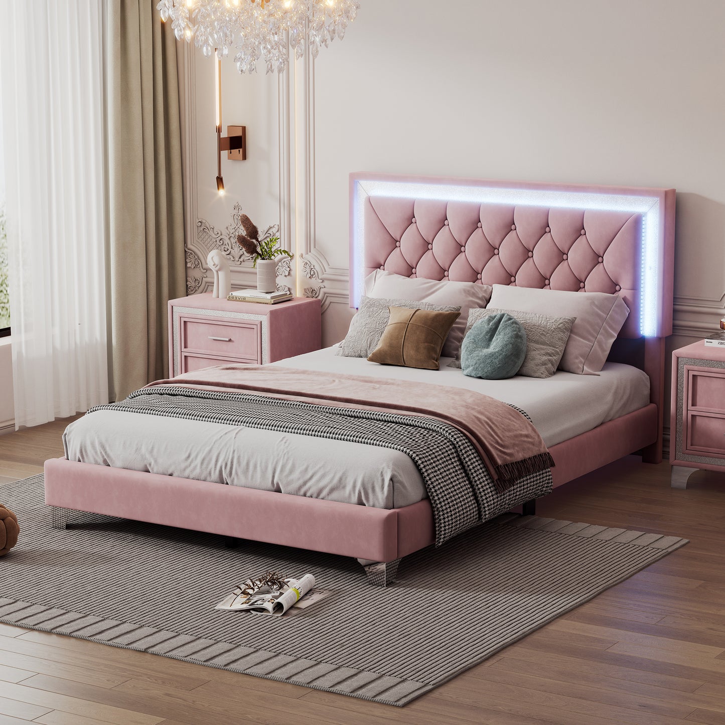 Melysen Full Size Upholstered Bed Frame with LED Lights,Modern Velvet Platform Bed with Tufted Headboard