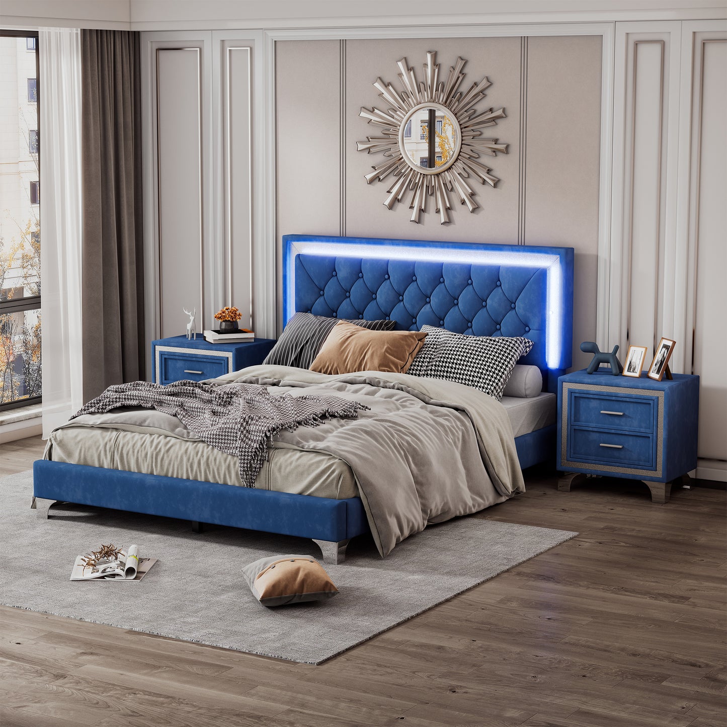 Melysen 3-Pieces Bedroom Sets,Queen Size Upholstered Platform Bed with LED Lights and Two Nightstands-Blue