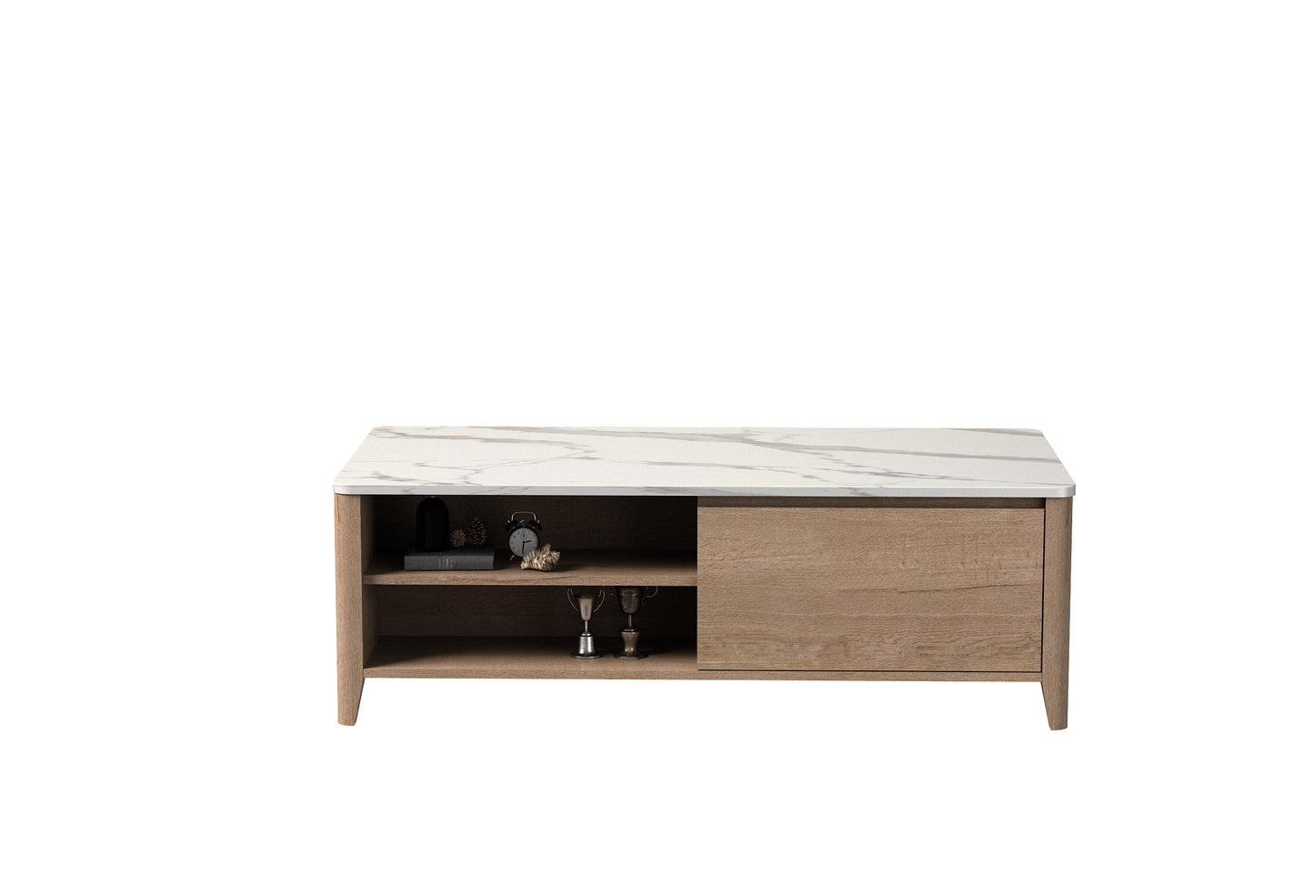 Melysen 47 Inch Modern Farmhouse Double Drawer Coffee Table for Living Room or Office , Tobacco Wood and White Marblein