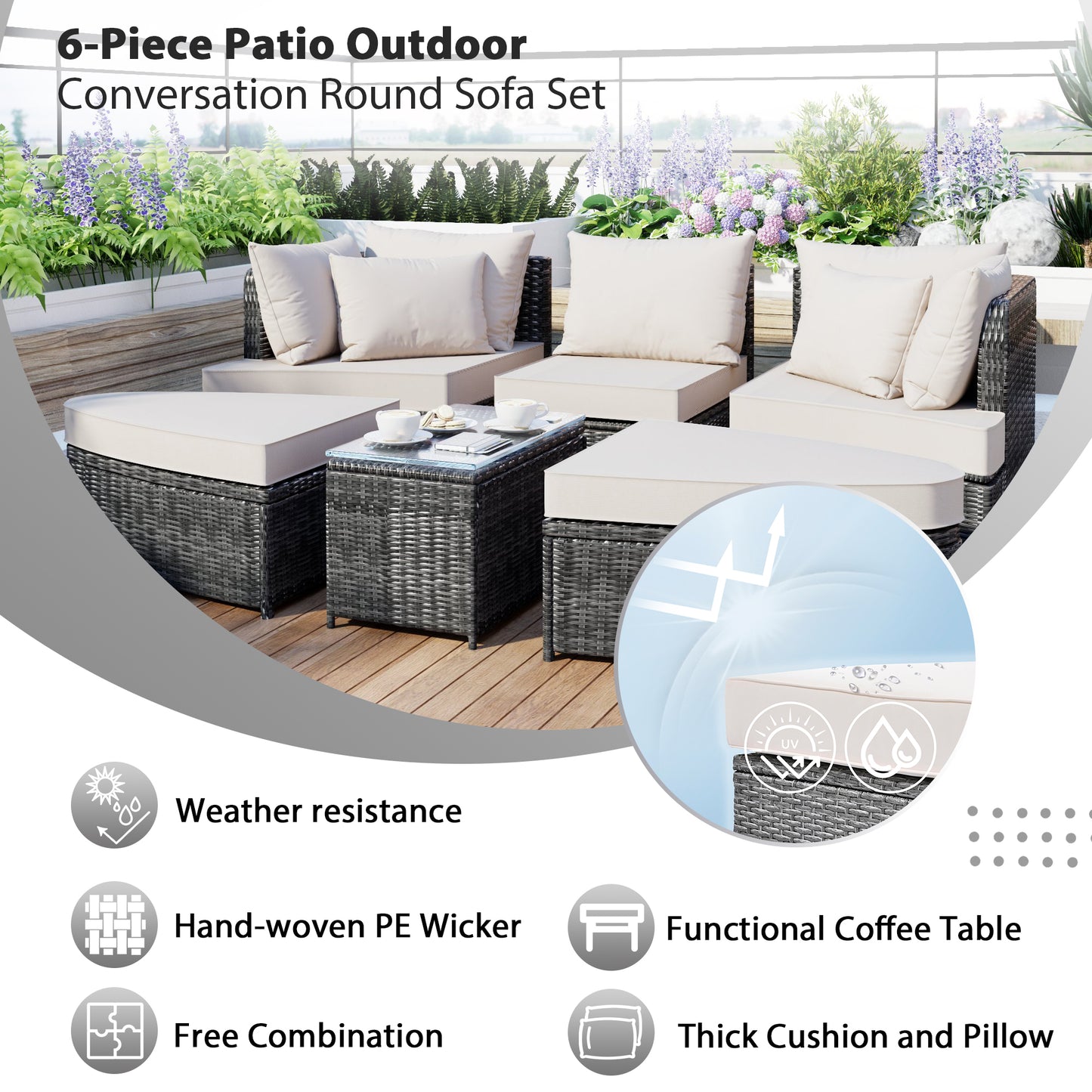 Melysen 6-Piece Patio Outdoor Conversation Round Sofa Set, PE Wicker Rattan Separate Seating Group with Coffee Table