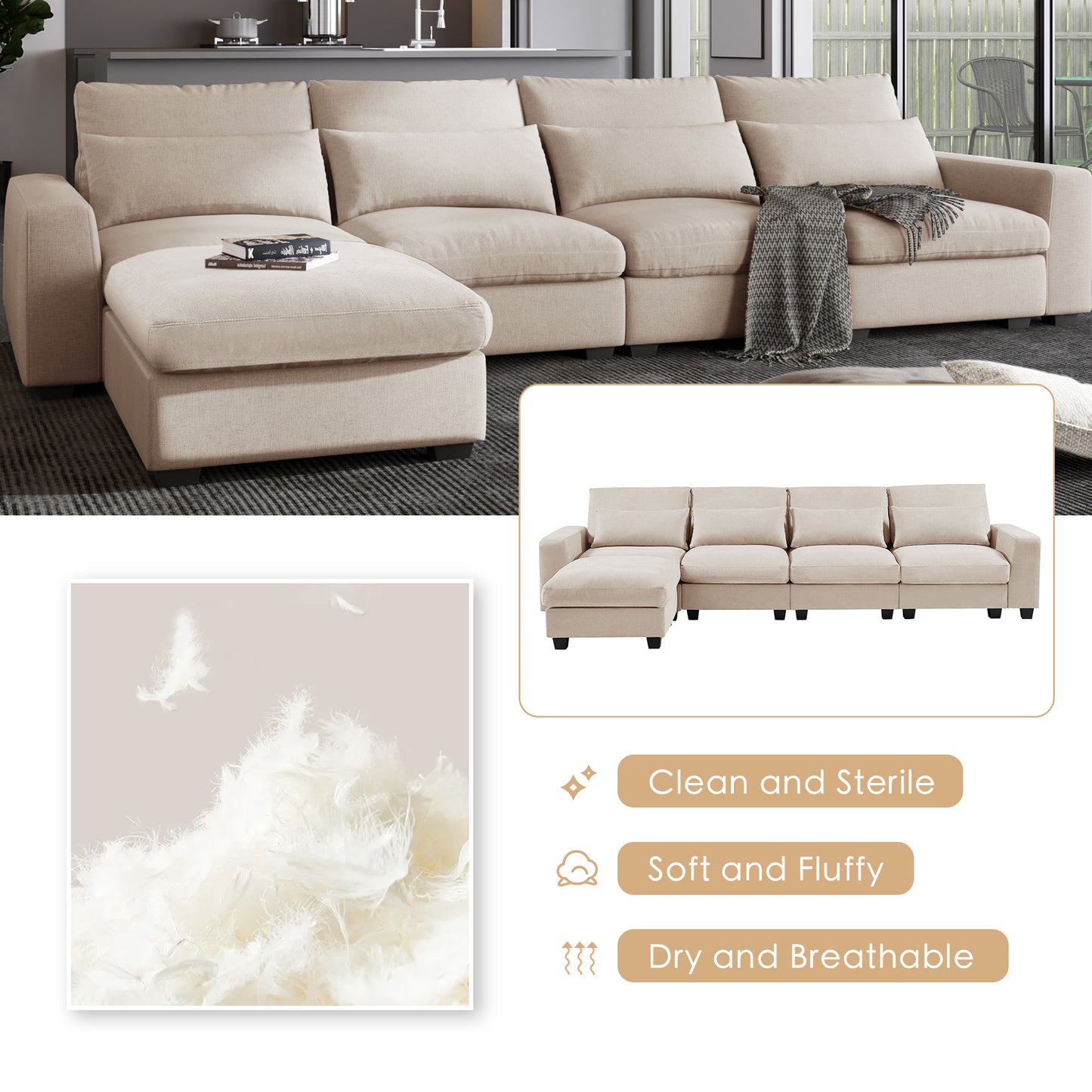 Melysen Modern Large L-Shape Feather Filled Sectional Sofa,Convertible Sofa Couch with Reversible Chaise for Living Room