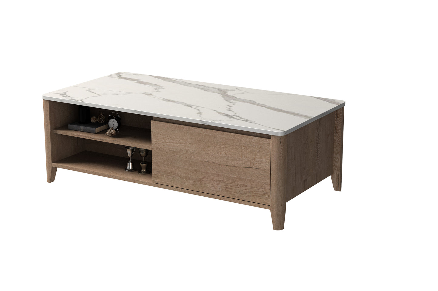 Melysen 47 Inch Modern Farmhouse Double Drawer Coffee Table for Living Room or Office , Tobacco Wood and White Marblein