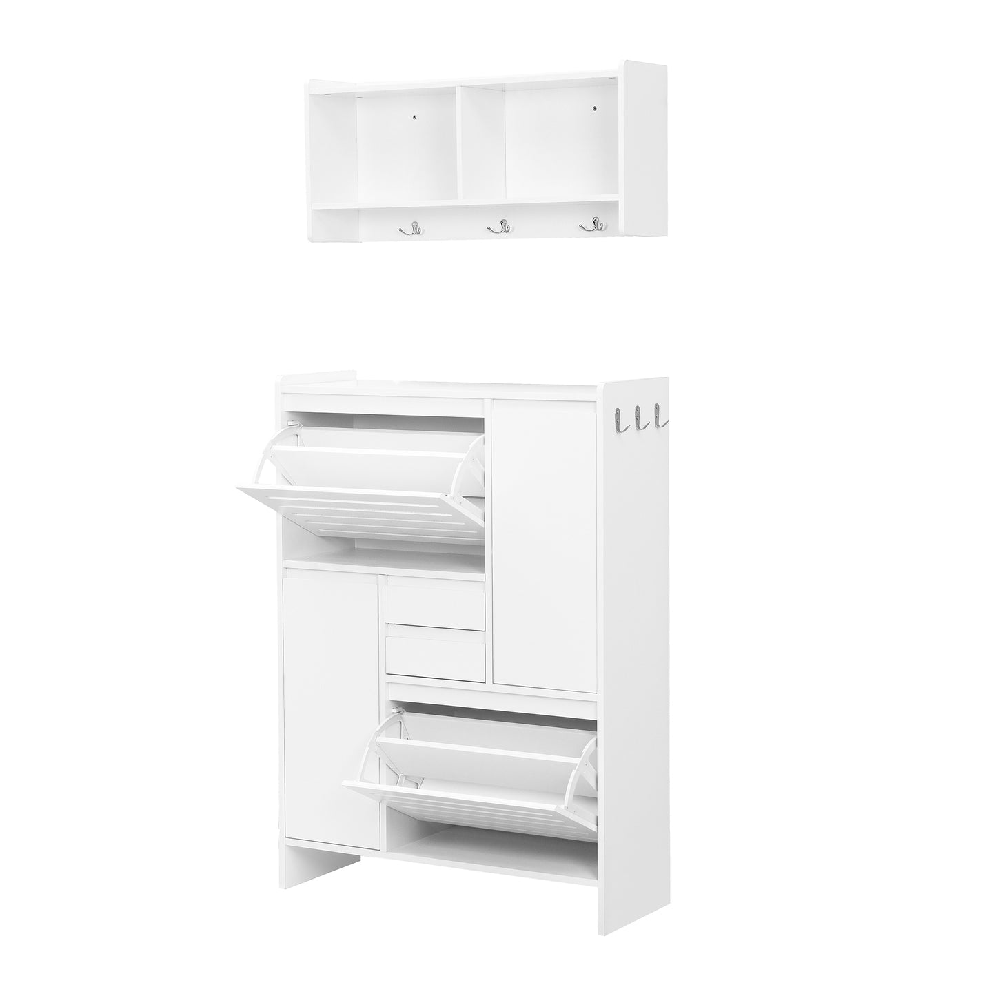 Melysen Multi-Functional Shoe Cabinet with Wall Cabinet, Space-saving Design Foyer Cabinet with 2 Flip Drawers, Versatile Side Cabinet for Hallway, White