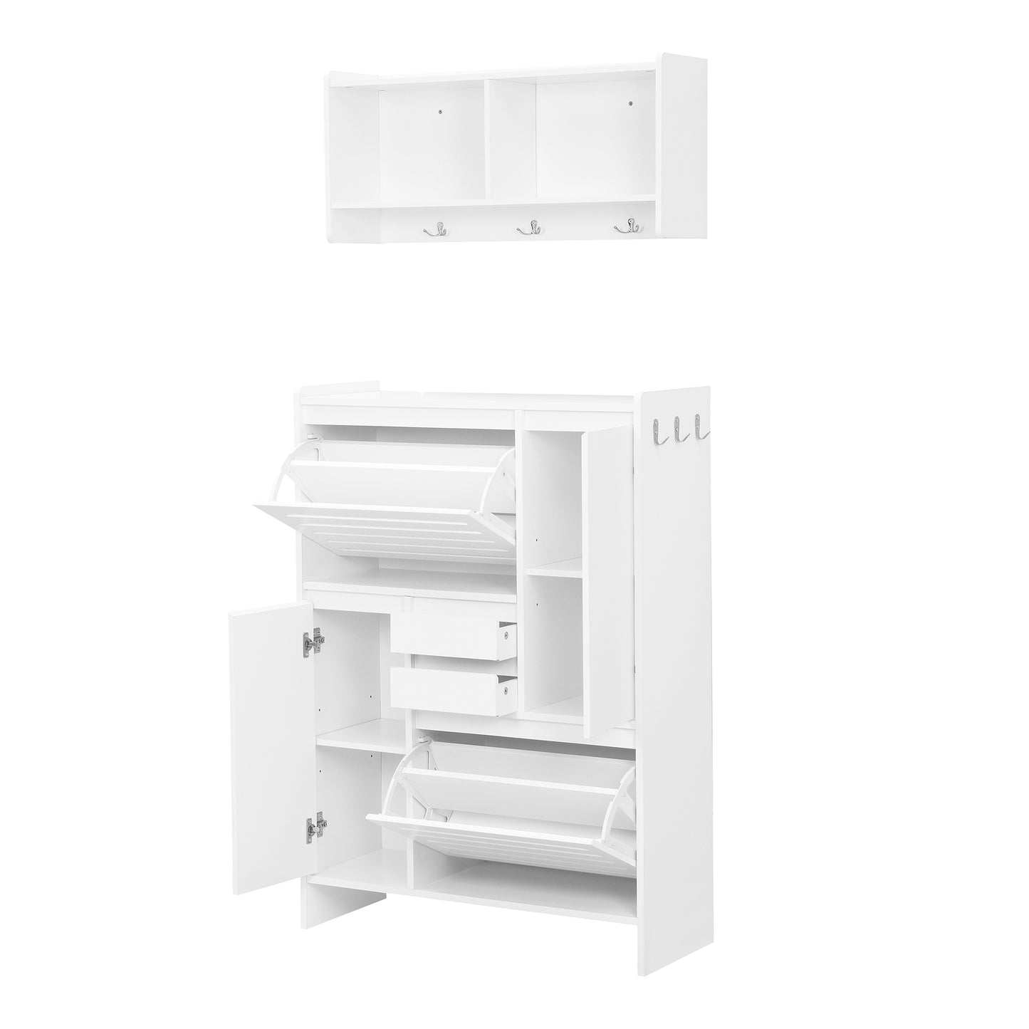 Melysen Multi-Functional Shoe Cabinet with Wall Cabinet, Space-saving Design Foyer Cabinet with 2 Flip Drawers, Versatile Side Cabinet for Hallway, White