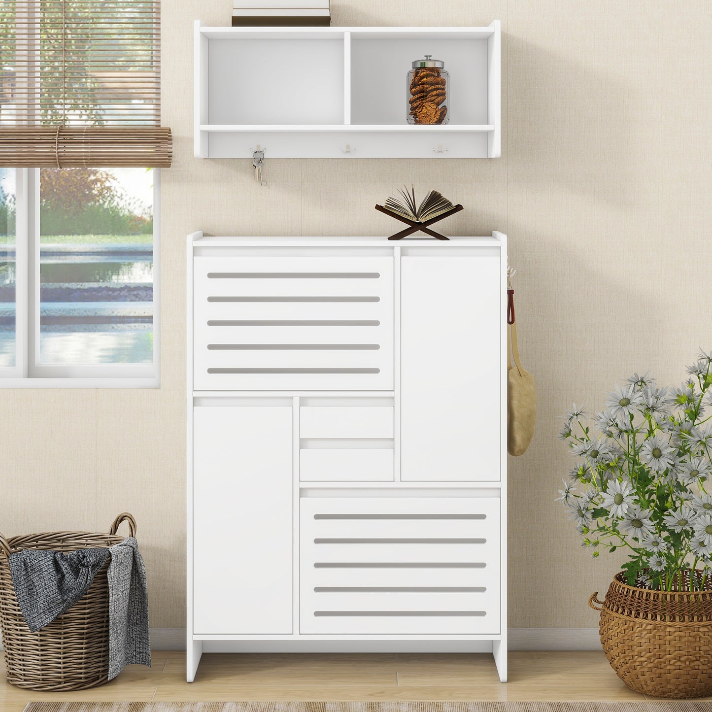 Melysen Multi-Functional Shoe Cabinet with Wall Cabinet, Space-saving Design Foyer Cabinet with 2 Flip Drawers, Versatile Side Cabinet for Hallway, White