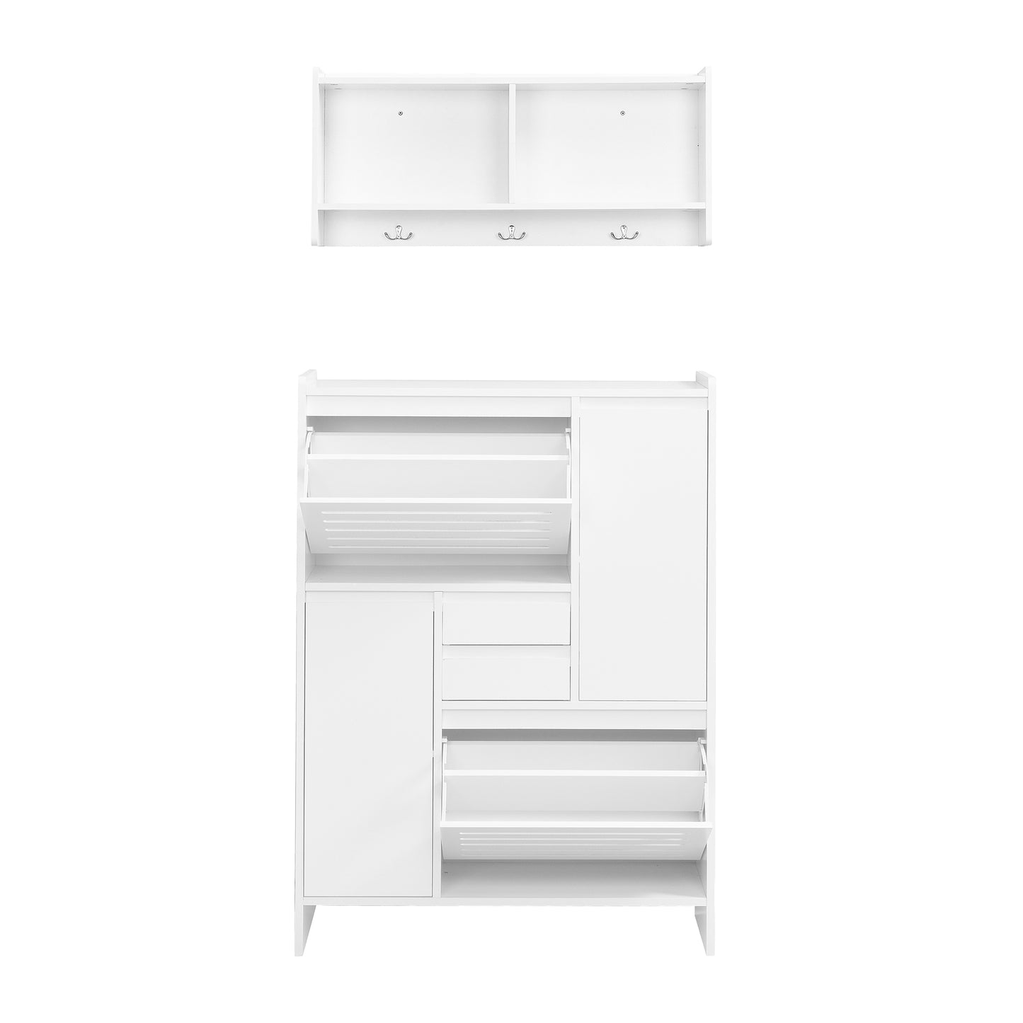 Melysen Multi-Functional Shoe Cabinet with Wall Cabinet, Space-saving Design Foyer Cabinet with 2 Flip Drawers, Versatile Side Cabinet for Hallway, White