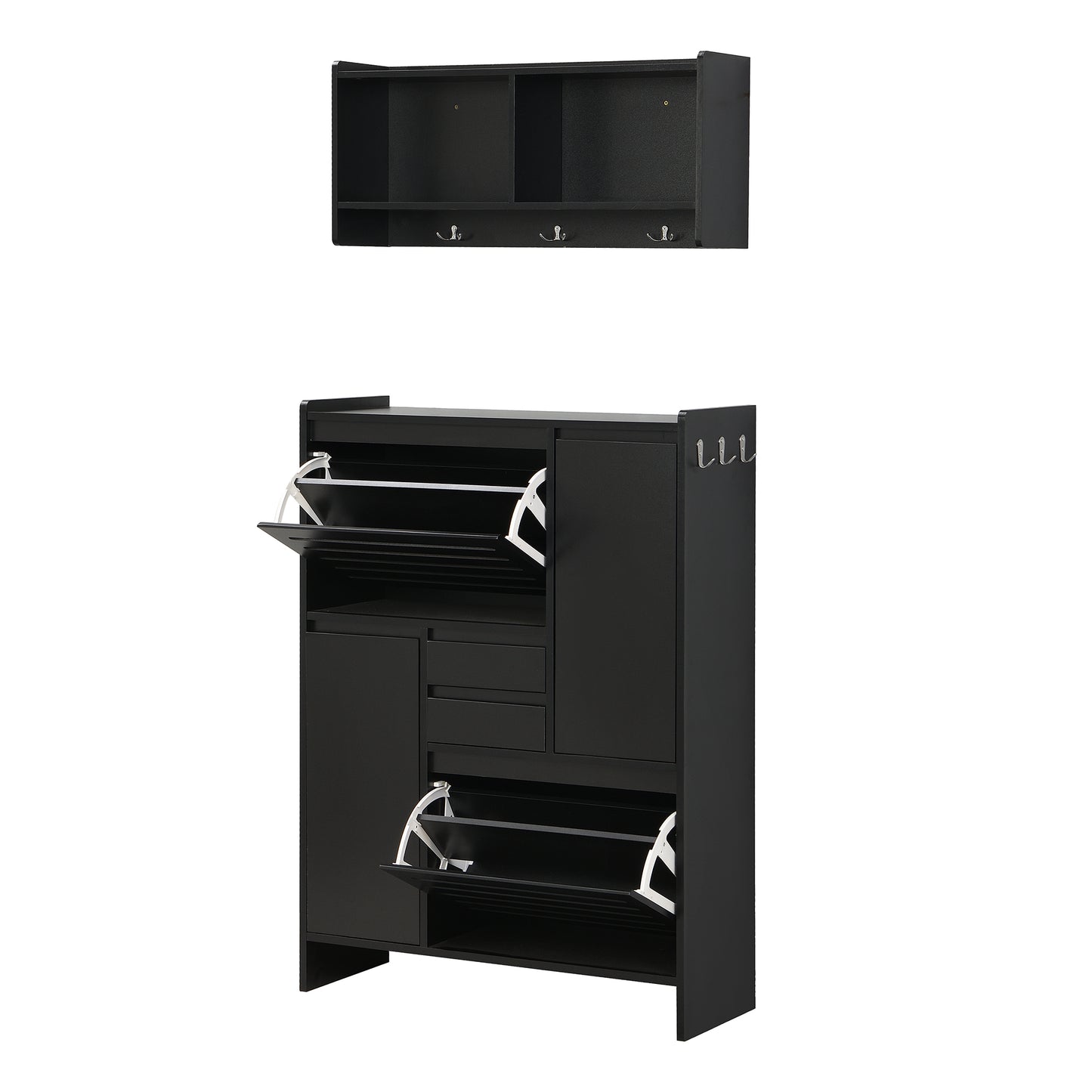 Melysen Multi-Functional Shoe Cabinet with Wall Cabinet, Space-saving Design Foyer Cabinet with 2 Flip Drawers, Versatile Side Cabinet for Hallway, Black