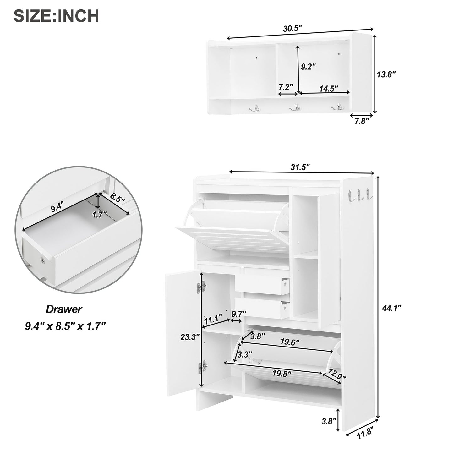 Melysen Multi-Functional Shoe Cabinet with Wall Cabinet, Space-saving Design Foyer Cabinet with 2 Flip Drawers, Versatile Side Cabinet for Hallway, White