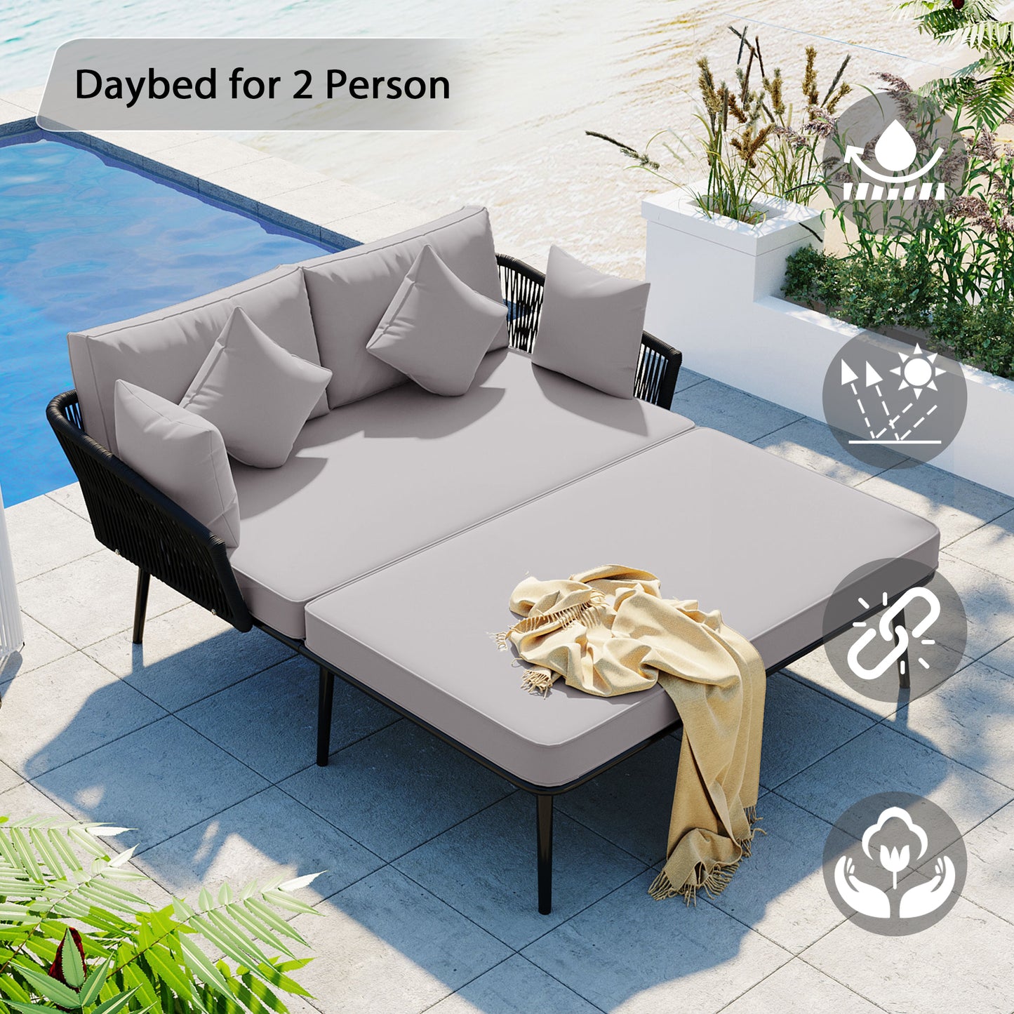 Melysen Outdoor Patio Daybed, Woven Nylon Rope Backrest with Washable Cushions for Balcony, Poolside, Set for 2 Person